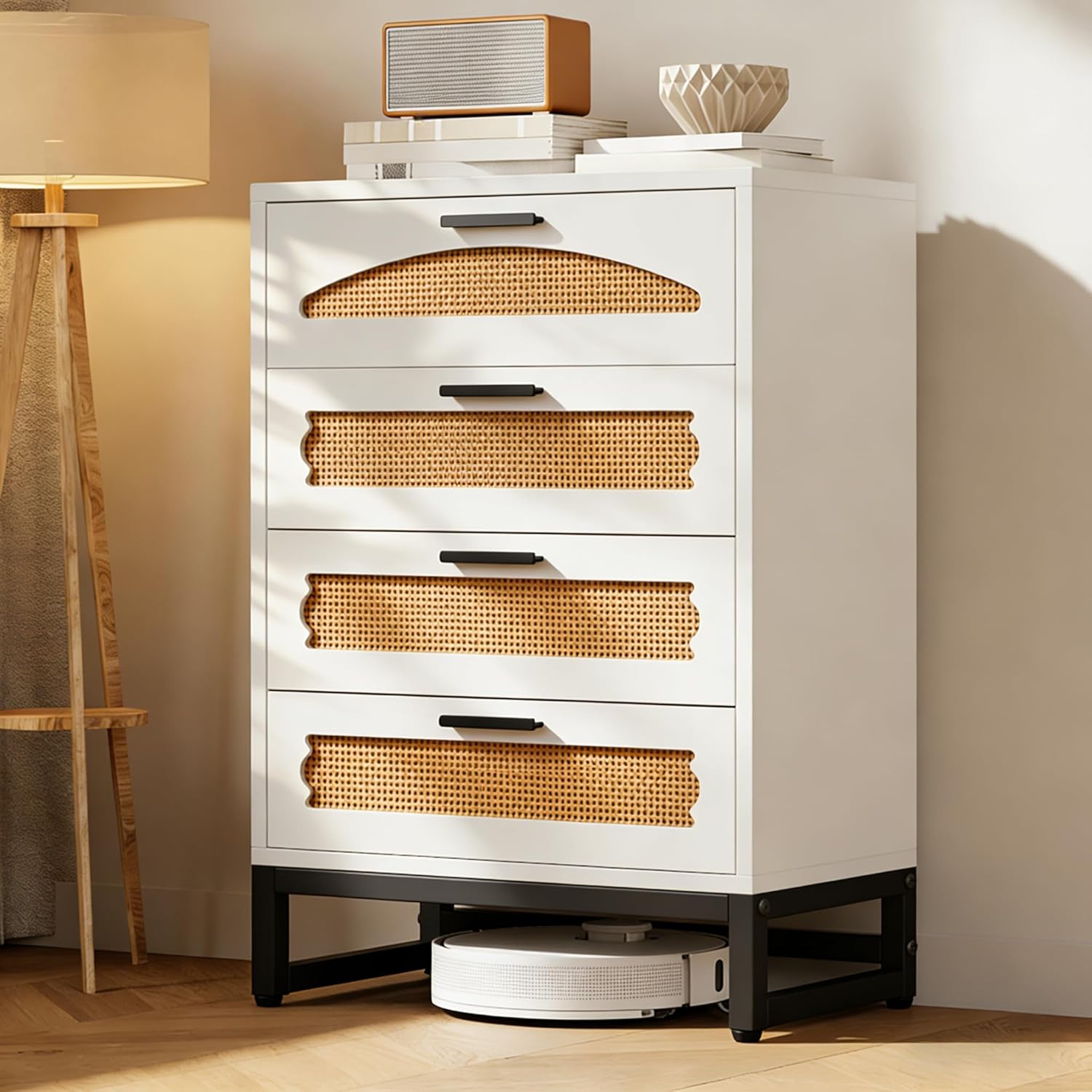 Mericonia 4 Drawer Rattan Dresser for Bedroom, Wood Tall Dresser for Closet with Metal Handles, Boho Nightstand Sets, Dressers & Chests of Drawers for Bedroom, Hallway and Entryway, White