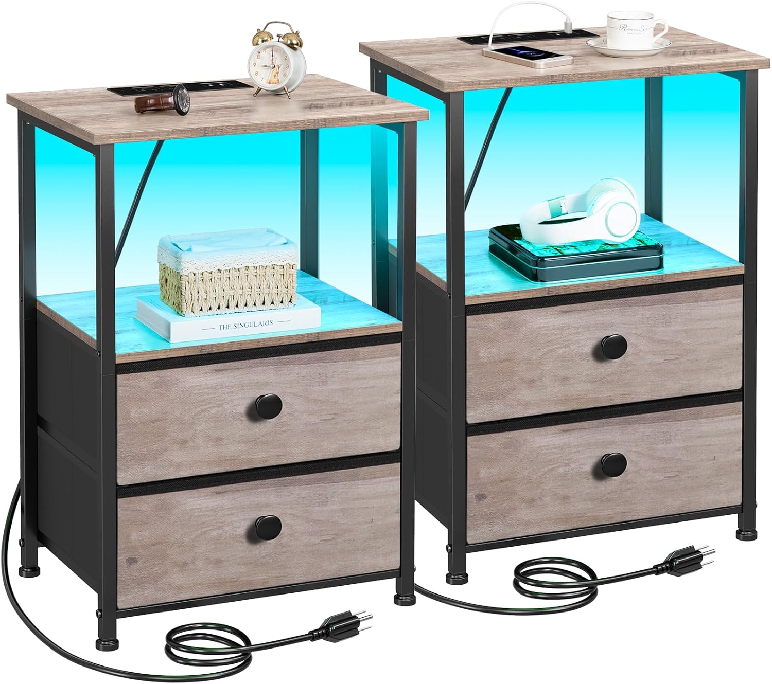 Night Stand Set 2, Nightstand with Charging Station, End Tables with Storage Shelf for Small Spaces, Bedside Table Side Tables with 2 Fabric Drawers for Bedroom, Rustic Brown, HETS020PBR