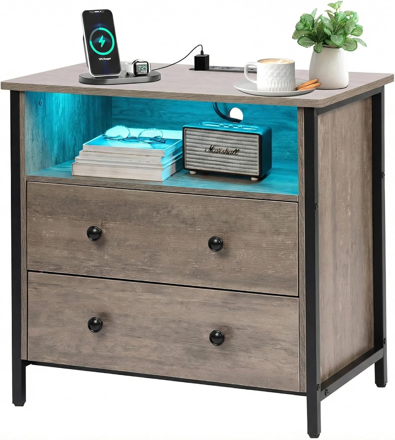 27 Inch Wide Night Stand, Large Wood Night Stand with 2 Drawer, LED Nightstand with Charging Station and Adjustable Drawer, Bedside Table for Living Room/Bedroom/Study/Office, Black.