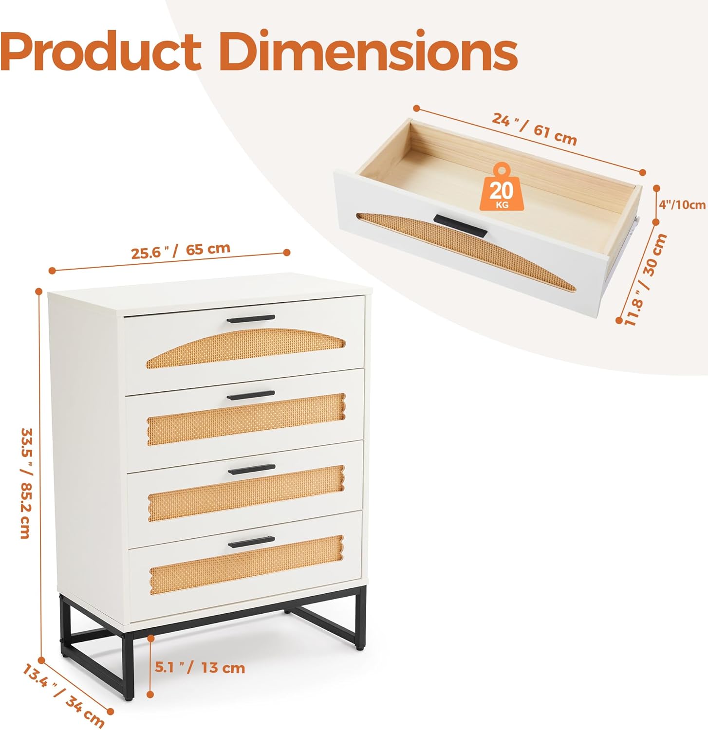 Mericonia 4 Drawer Rattan Dresser for Bedroom, Wood Tall Dresser for Closet with Metal Handles, Boho Nightstand Sets, Dressers & Chests of Drawers for Bedroom, Hallway and Entryway, White