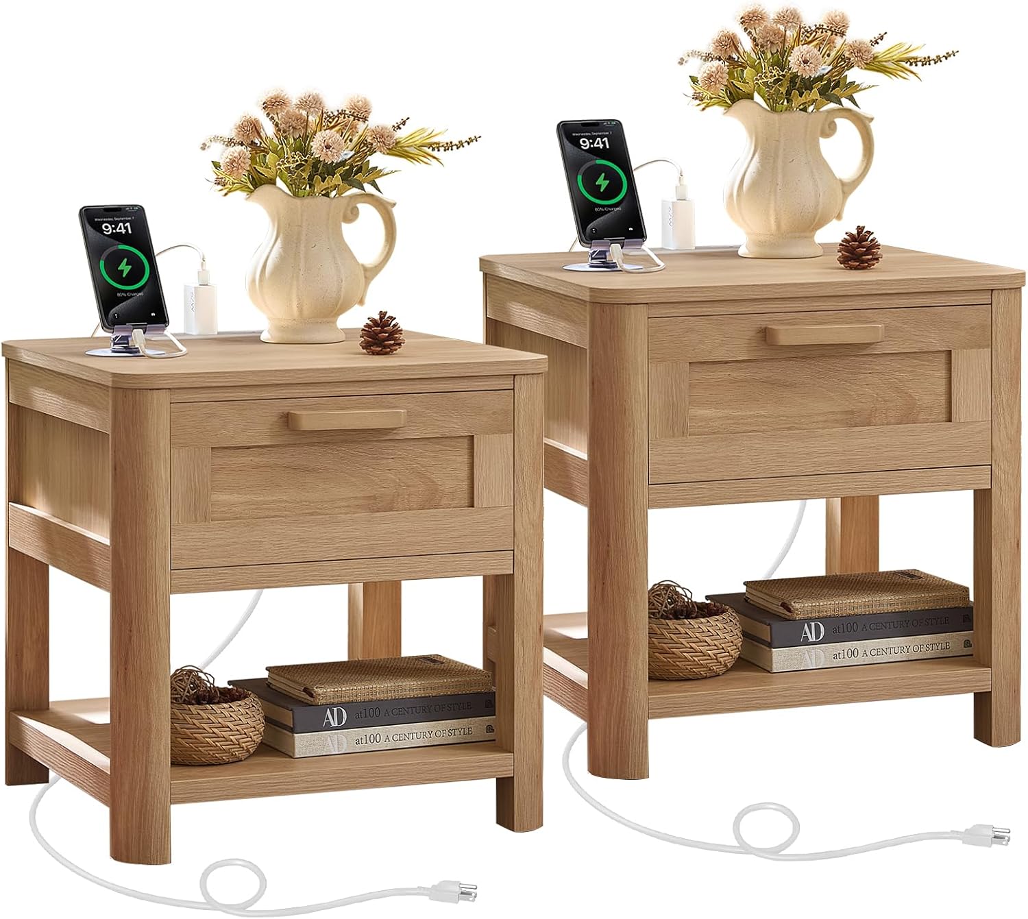 Farmhouse End Table with Charging Station,19.7" Nightstand with Drawer,Walnut Night Stand with Open Storage Shelf,Rustic Wood Bed Sofa Side Table Dresser for Bedroom, Living Room, Closet