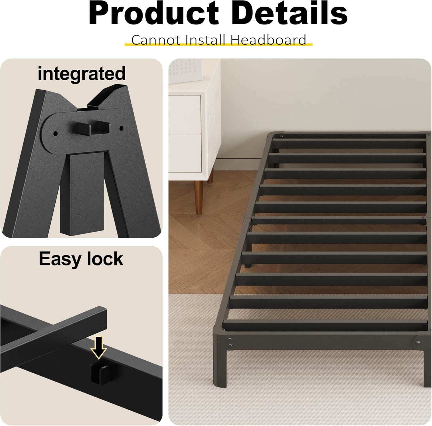 9 Inch Twin Bed Frames with Rounded Corner Legs, Heavy Duty Metal Twin Size Platform Bed Frame No Box Spring Needed, Easy Assembly, Noise Free, Black