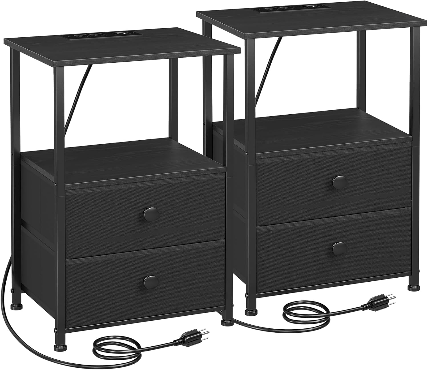 Night Stand Set 2, Nightstand with Charging Station, End Tables with Storage Shelf for Small Spaces, Bedside Table Side Tables with 2 Fabric Drawers for Bedroom, Rustic Brown, HETS020PBR