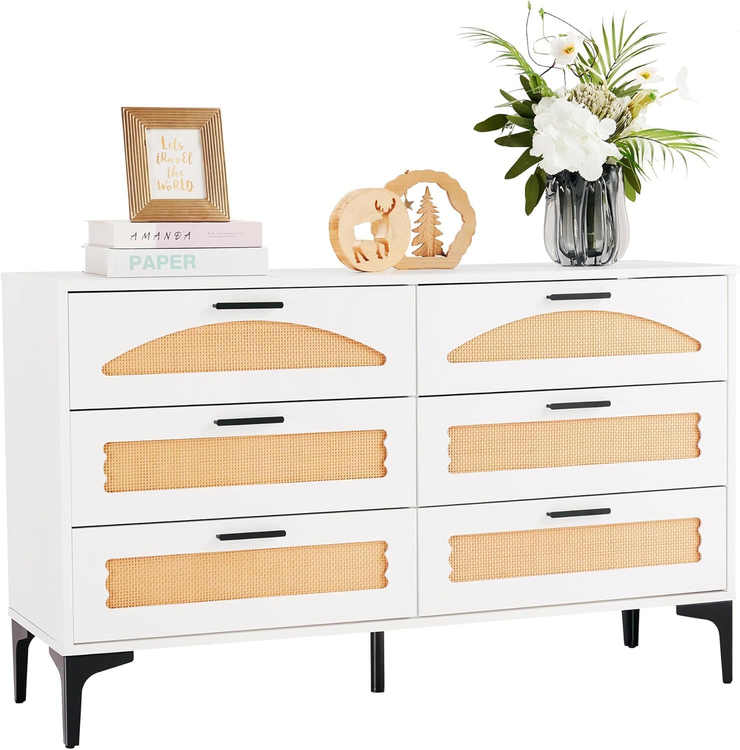 Mericonia 4 Drawer Rattan Dresser for Bedroom, Wood Tall Dresser for Closet with Metal Handles, Boho Nightstand Sets, Dressers & Chests of Drawers for Bedroom, Hallway and Entryway, White