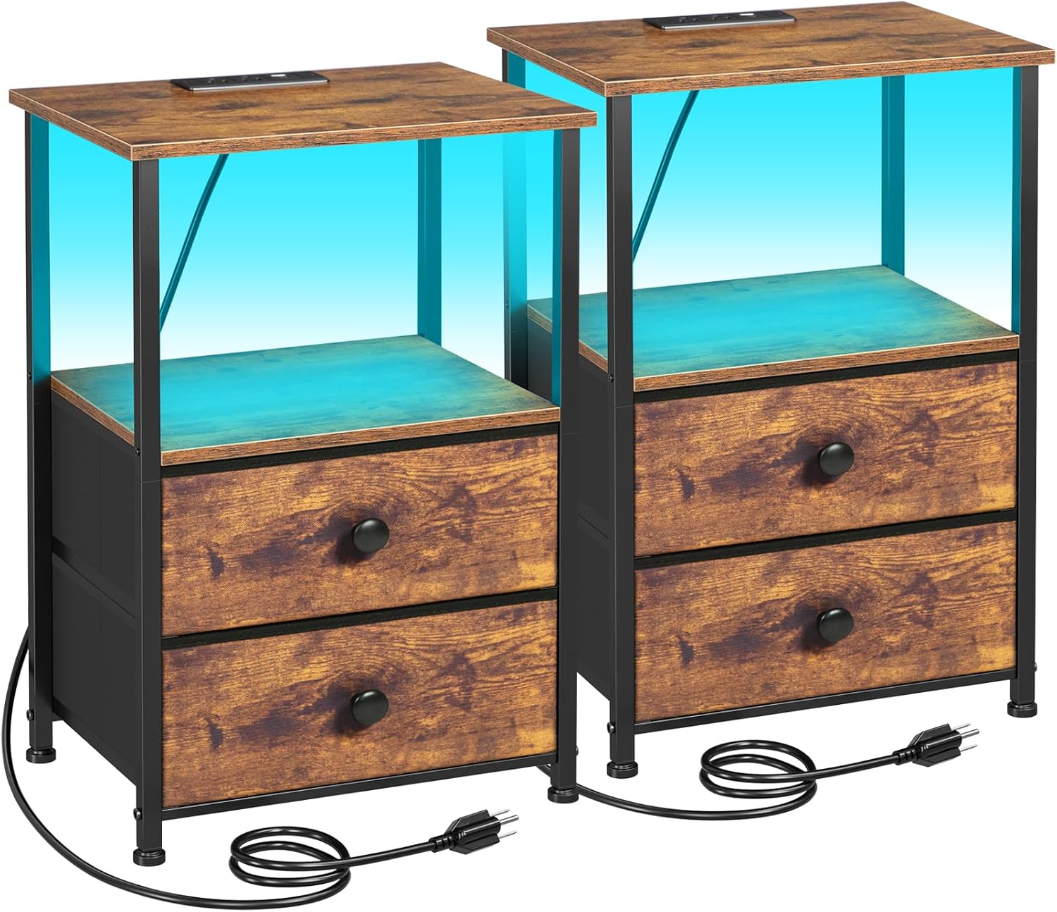 Night Stand Set 2, Nightstand with Charging Station, End Tables with Storage Shelf for Small Spaces, Bedside Table Side Tables with 2 Fabric Drawers for Bedroom, Rustic Brown, HETS020PBR