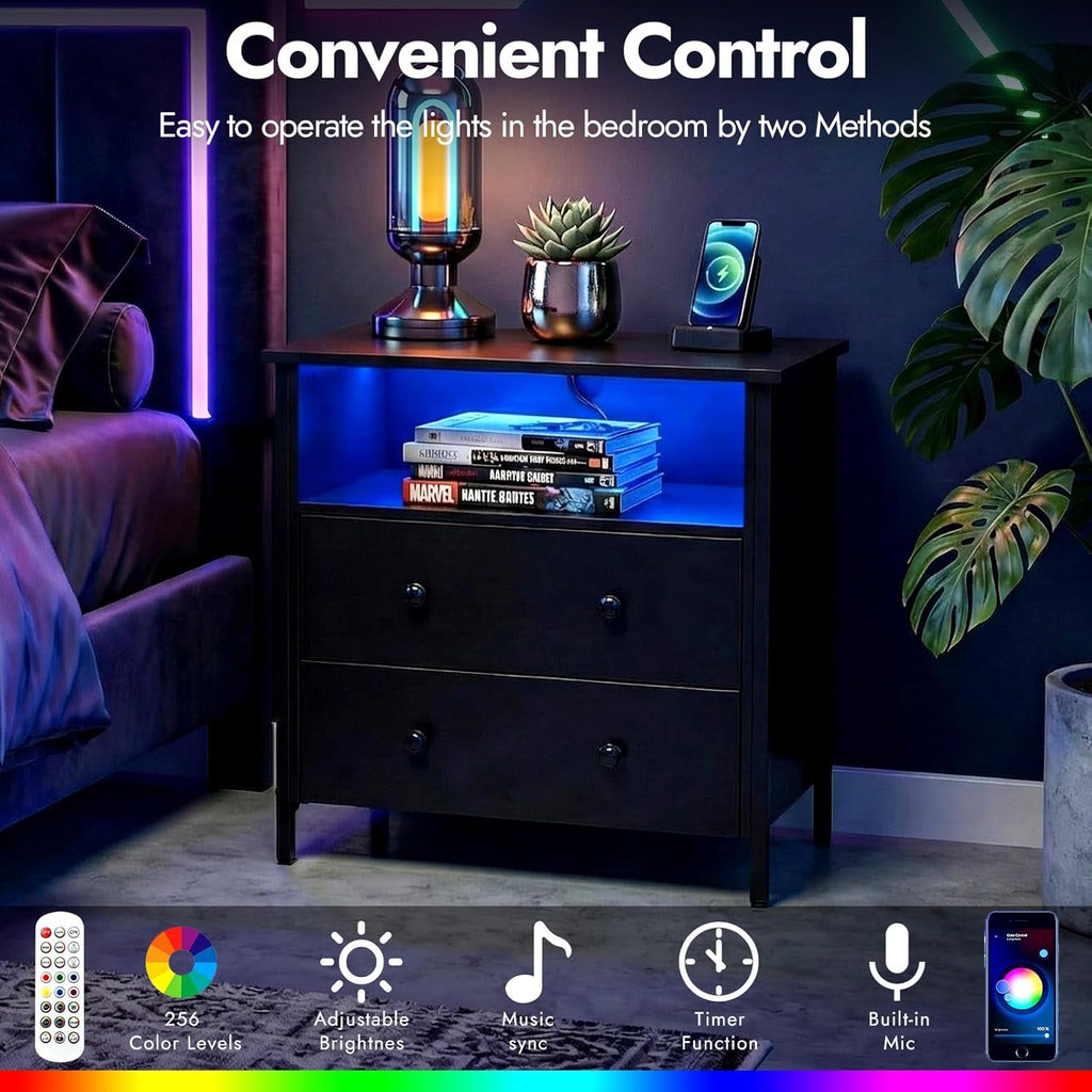 27 Inch Wide Night Stand, Large Wood Night Stand with 2 Drawer, LED Nightstand with Charging Station and Adjustable Drawer, Bedside Table for Living Room/Bedroom/Study/Office, Black.