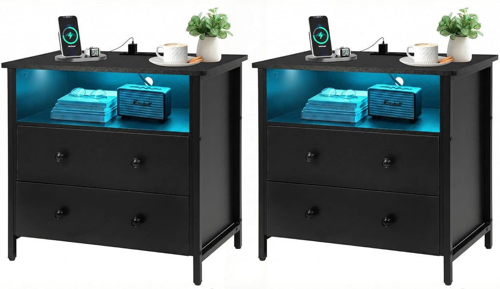 27 Inch Wide Night Stand, Large Wood Night Stand with 2 Drawer, LED Nightstand with Charging Station and Adjustable Drawer, Bedside Table for Living Room/Bedroom/Study/Office, Black.