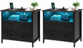 27 Inch Wide Night Stand, Large Wood Night Stand with 2 Drawer, LED Nightstand with Charging Station and Adjustable Drawer, Bedside Table for Living Room/Bedroom/Study/Office, Black.
