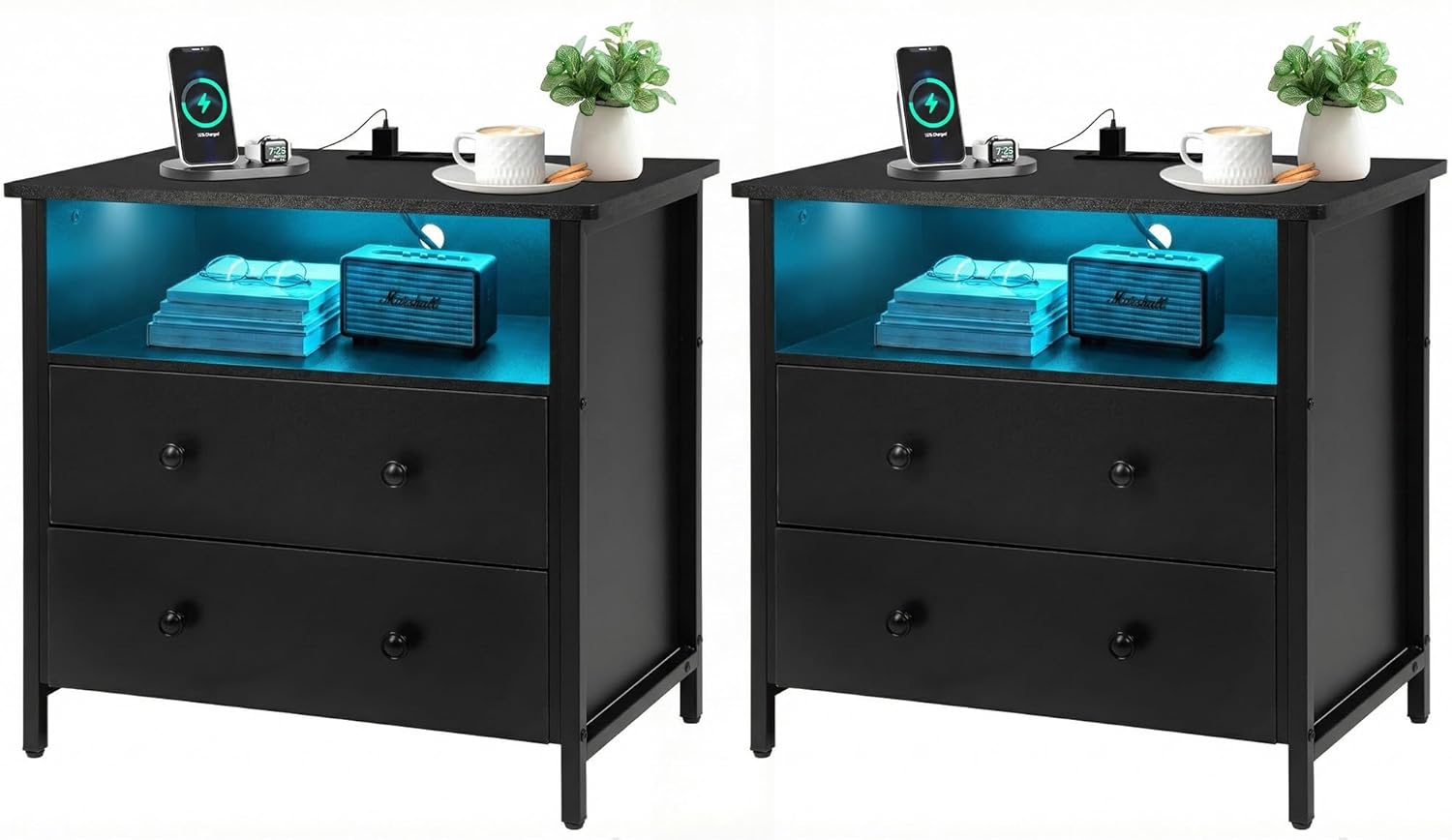 27 Inch Wide Night Stand, Large Wood Night Stand with 2 Drawer, LED Nightstand with Charging Station and Adjustable Drawer, Bedside Table for Living Room/Bedroom/Study/Office, Black.
