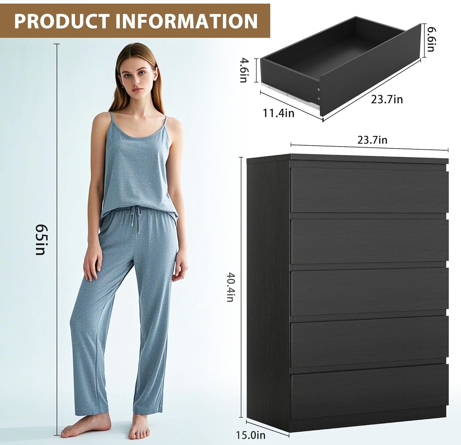 Black 5 Drawer Dresser for Bedroom, 15" D x 23.7" W x 40.4" H in Simply Chest of Drawers, Wood Storage Dresser with Drawers for Living Room Hallway Entryway, Black