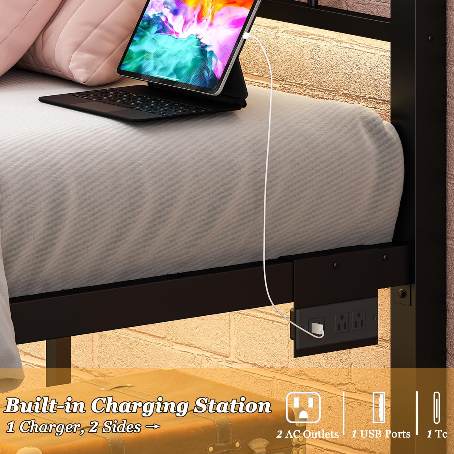 Twin Bed Frames with Headboard, LED Bed Frame with Charging Station, Metal Platform, Under-Bed Storage, No Box Spring Needed, Noise Free, Easy Assembly, Black