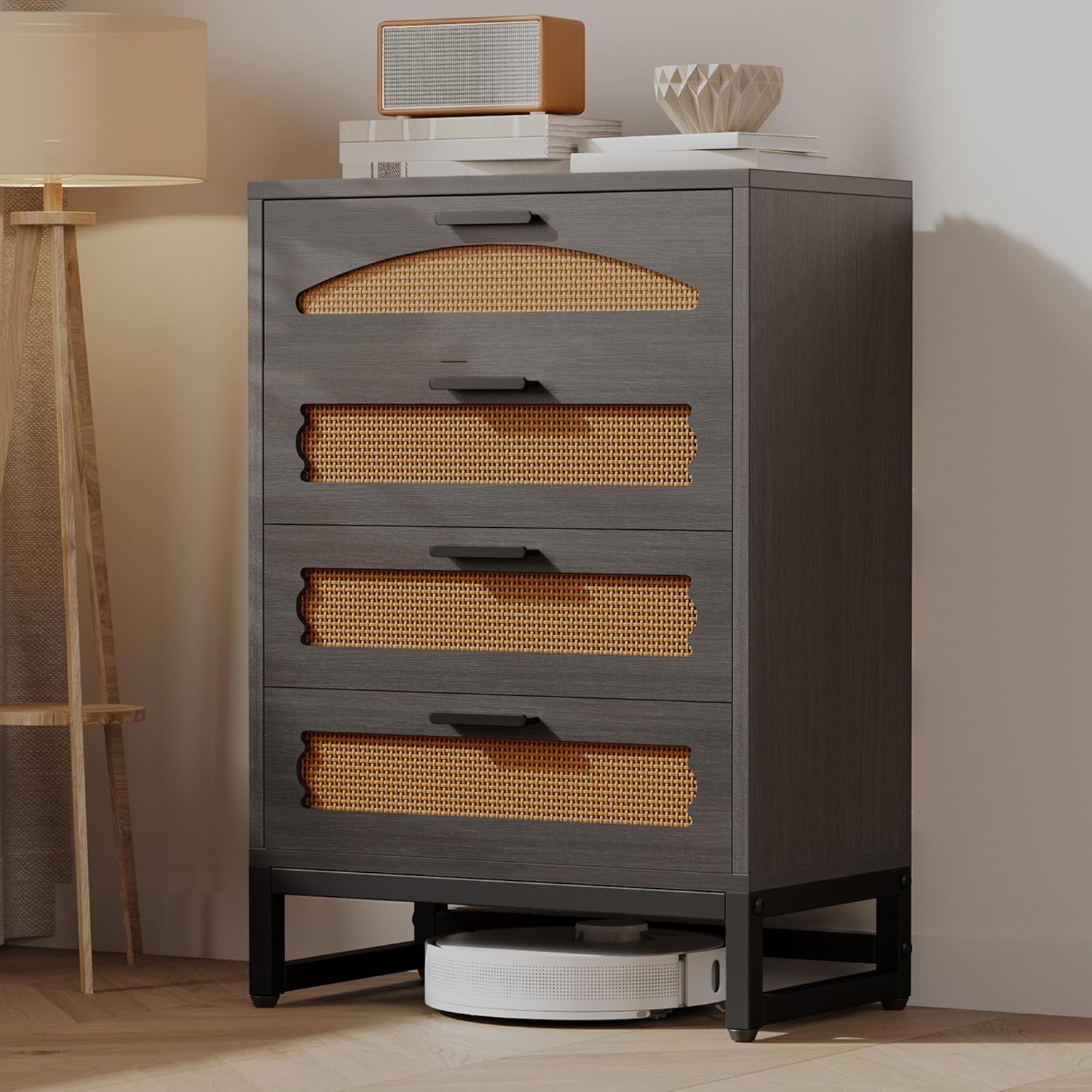 Mericonia 4 Drawer Rattan Dresser for Bedroom, Wood Tall Dresser for Closet with Metal Handles, Boho Nightstand Sets, Dressers & Chests of Drawers for Bedroom, Hallway and Entryway, White