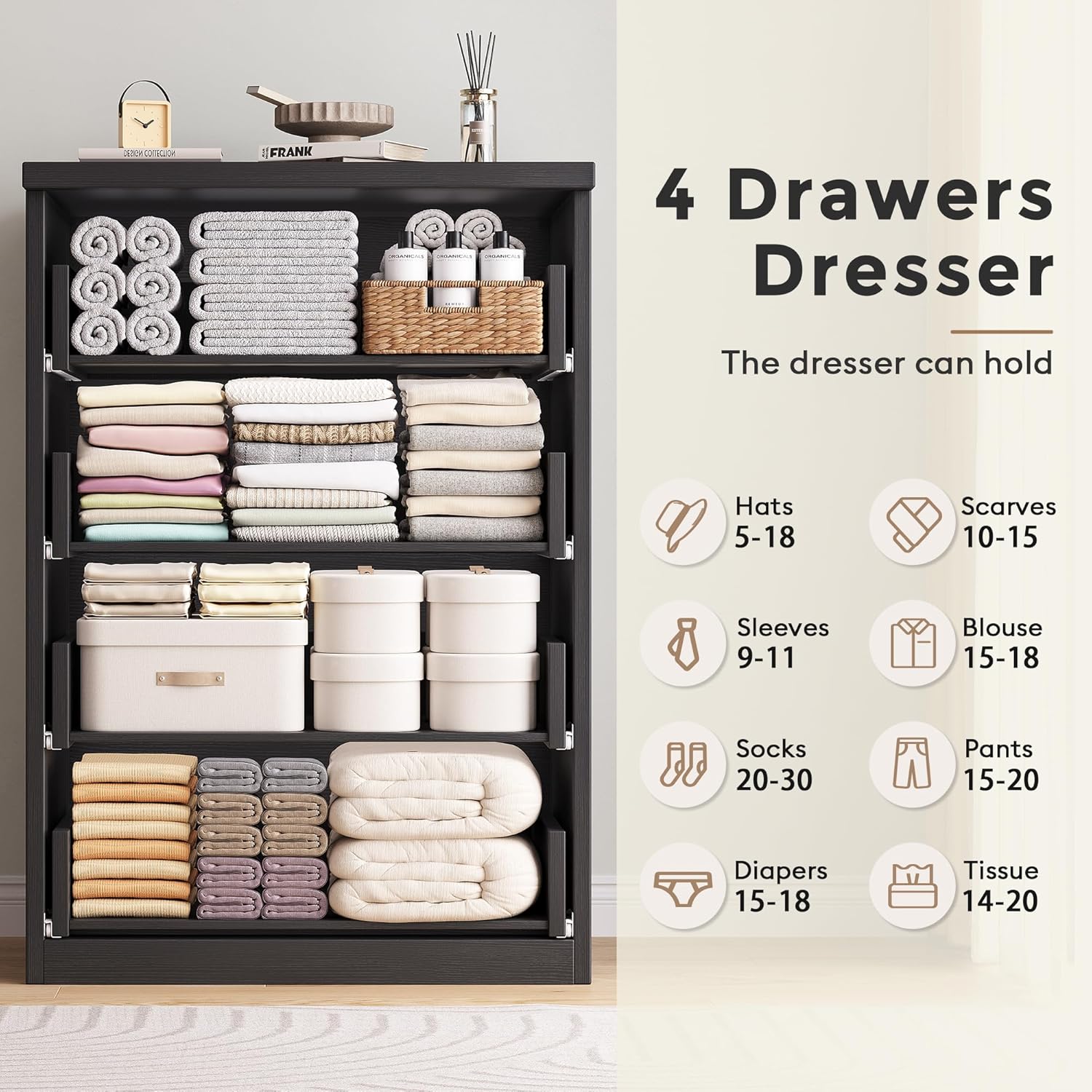 4 Drawer Dresser for Bedroom, Black Dresser Chest of Drawers - Large Wood Dressers TV Stand with Deep Drawers Dressers for Living Room, Hallway, Entryway - Black