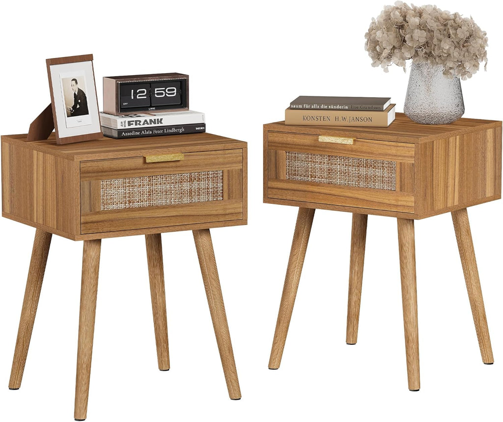 LAZZO Nightstands Set of 2 Large Night Stands 23.6" Wide Bedside Table Set of 2 with 2 Rattan Drawers and Bronze Ring Handles for Bedroom Walnut
