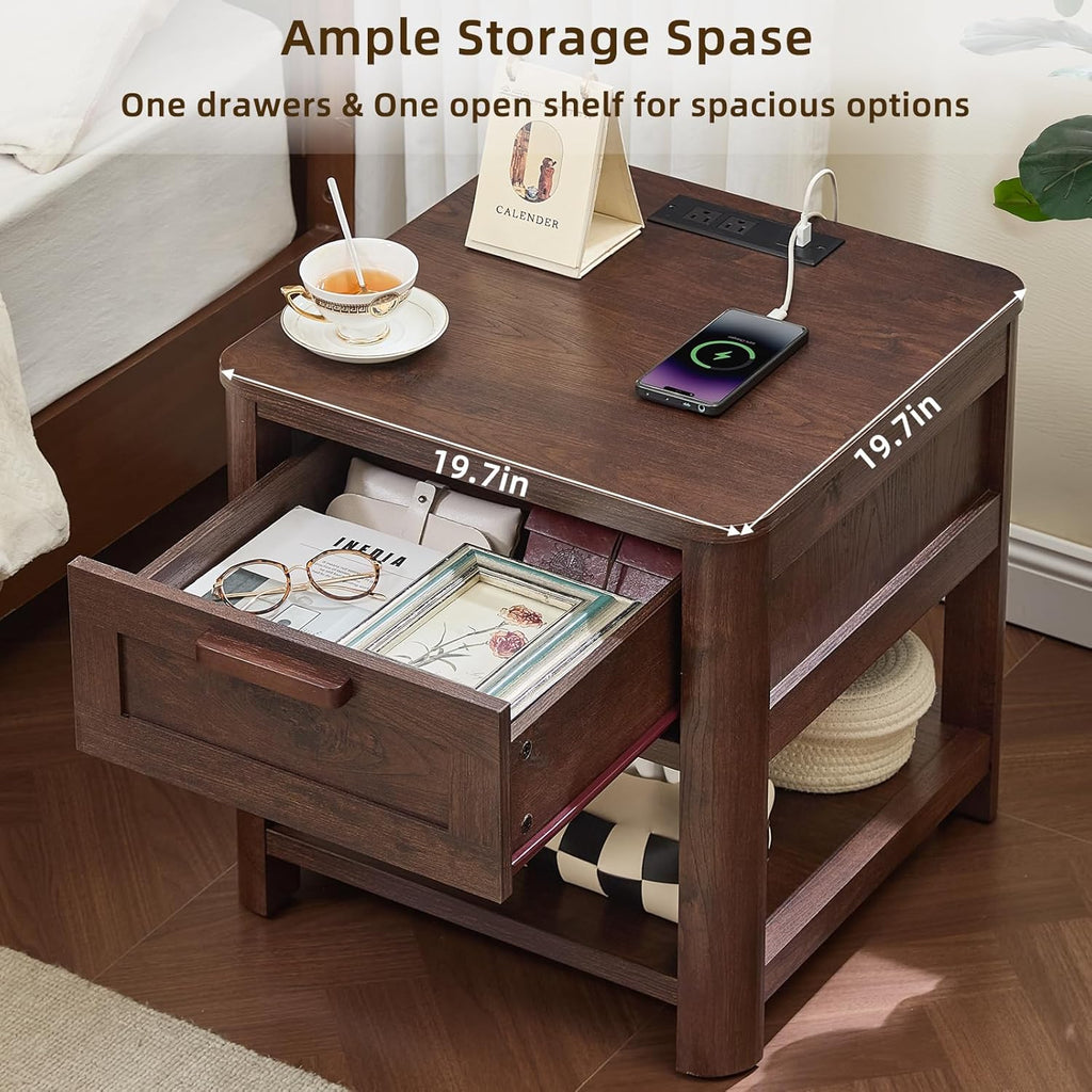 Farmhouse End Table with Charging Station,19.7" Nightstand with Drawer,Walnut Night Stand with Open Storage Shelf,Rustic Wood Bed Sofa Side Table Dresser for Bedroom, Living Room, Closet