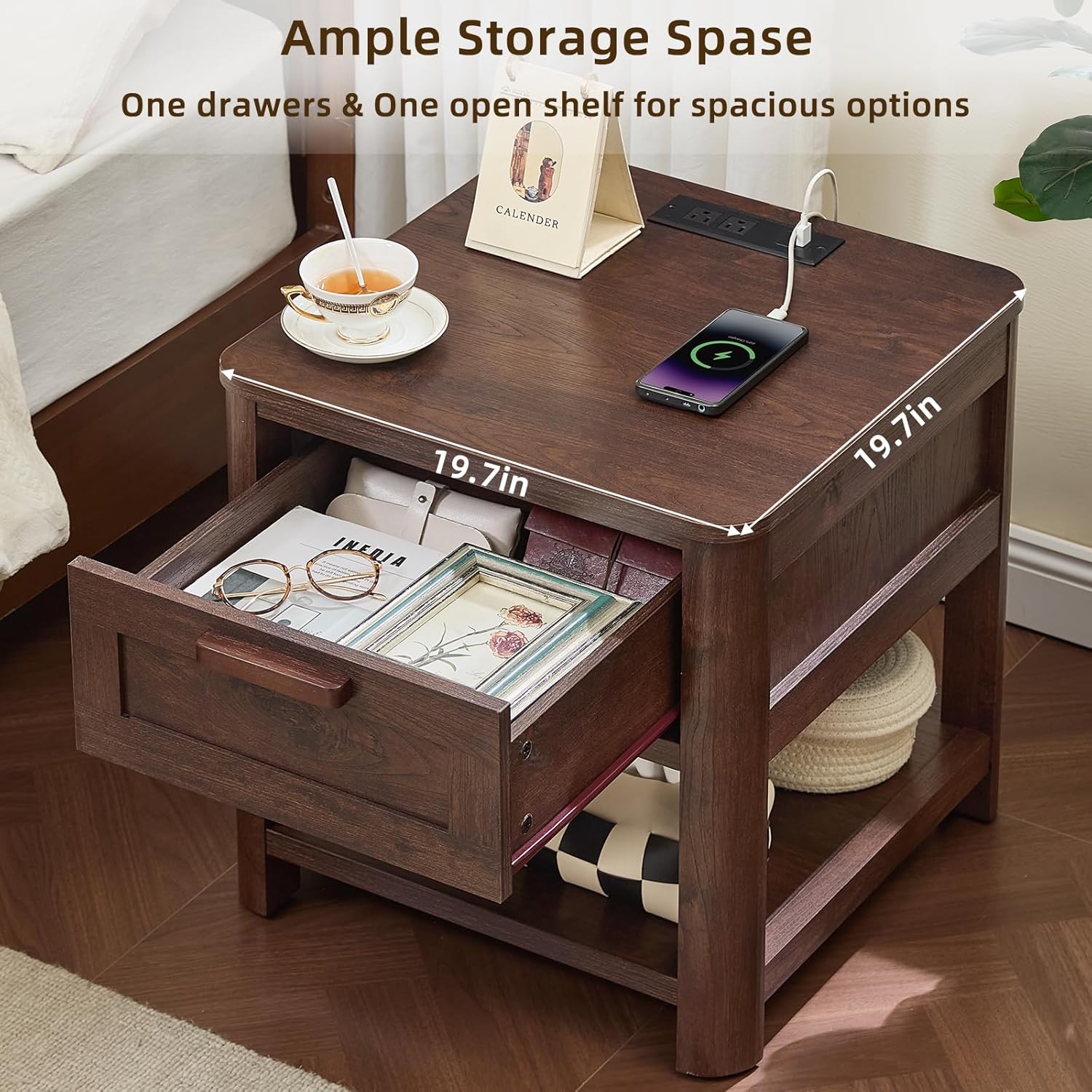 Farmhouse End Table with Charging Station,19.7" Nightstand with Drawer,Walnut Night Stand with Open Storage Shelf,Rustic Wood Bed Sofa Side Table Dresser for Bedroom, Living Room, Closet