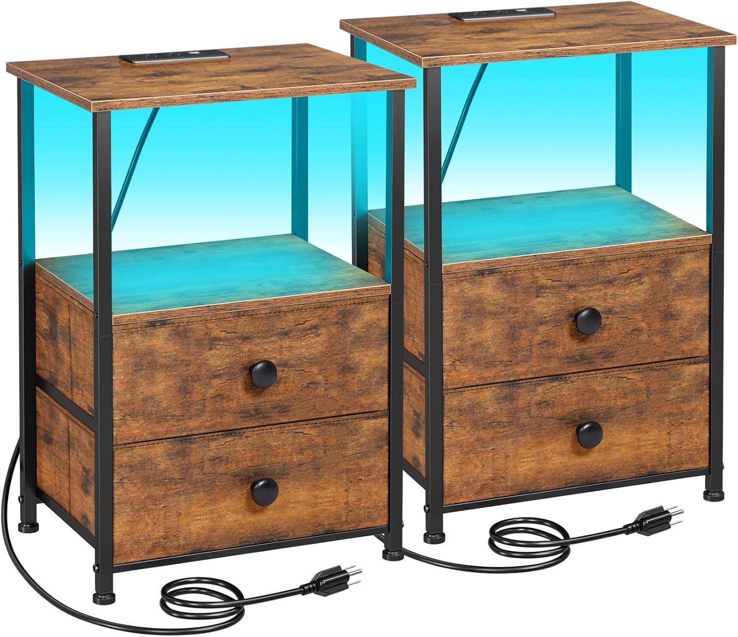 Night Stand Set 2, Nightstand with Charging Station, End Tables with Storage Shelf for Small Spaces, Bedside Table Side Tables with 2 Fabric Drawers for Bedroom, Rustic Brown, HETS020PBR
