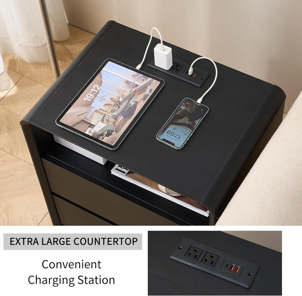 Modern Nightstand for Bedroom,Black Nightstand,2 Storage Drawers Side Table,21.6" Wide Wood Bedside Table with Charging Station,Curved Profile Design,Side Tables Bedroom.