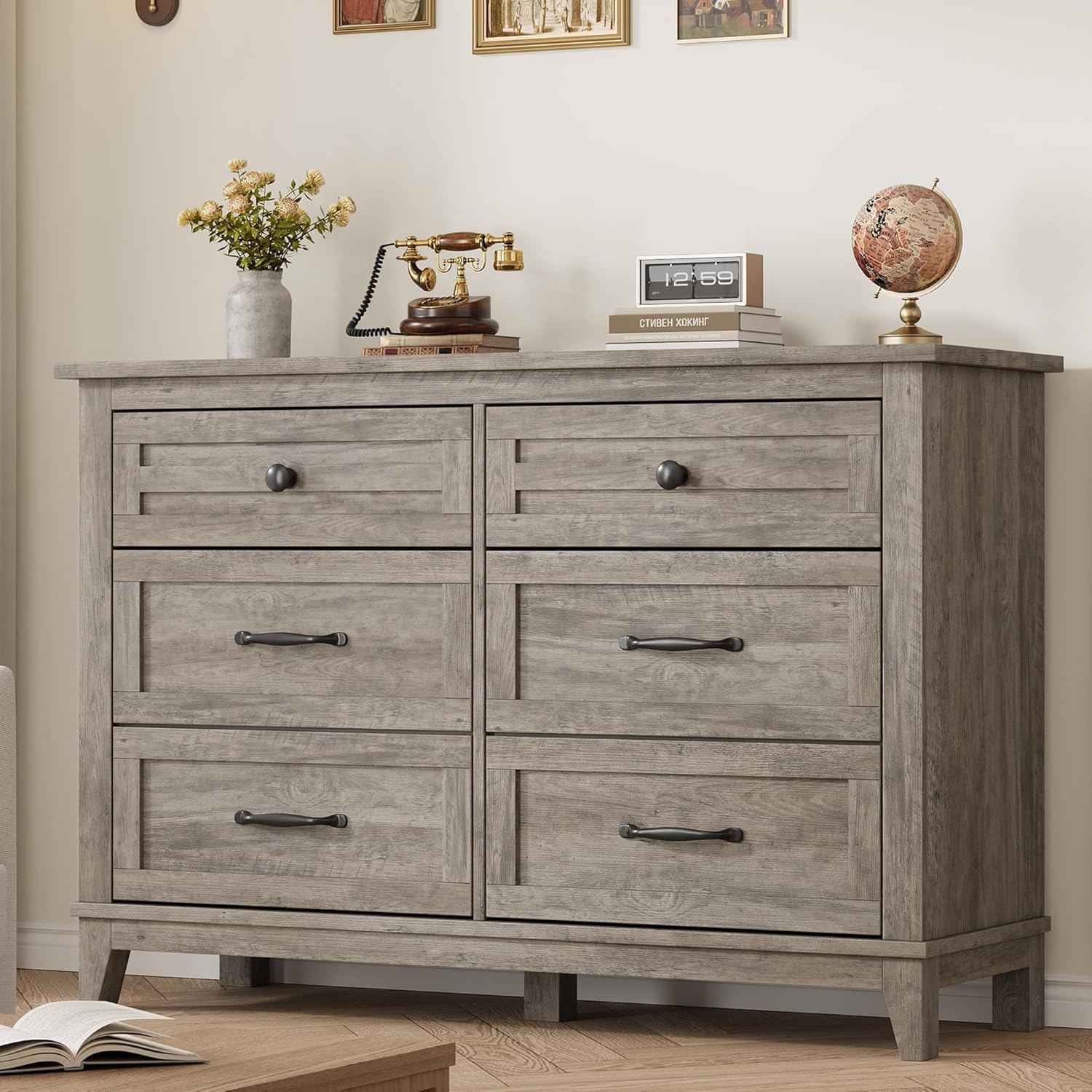 GarveeHome 6 Dresser for Bedroom, 47 in Wide Drawer Dresser with Storage Freestanding, Wooden Closet Storage Chest for Living Room, Bedroom, Entryway, Ash Grey