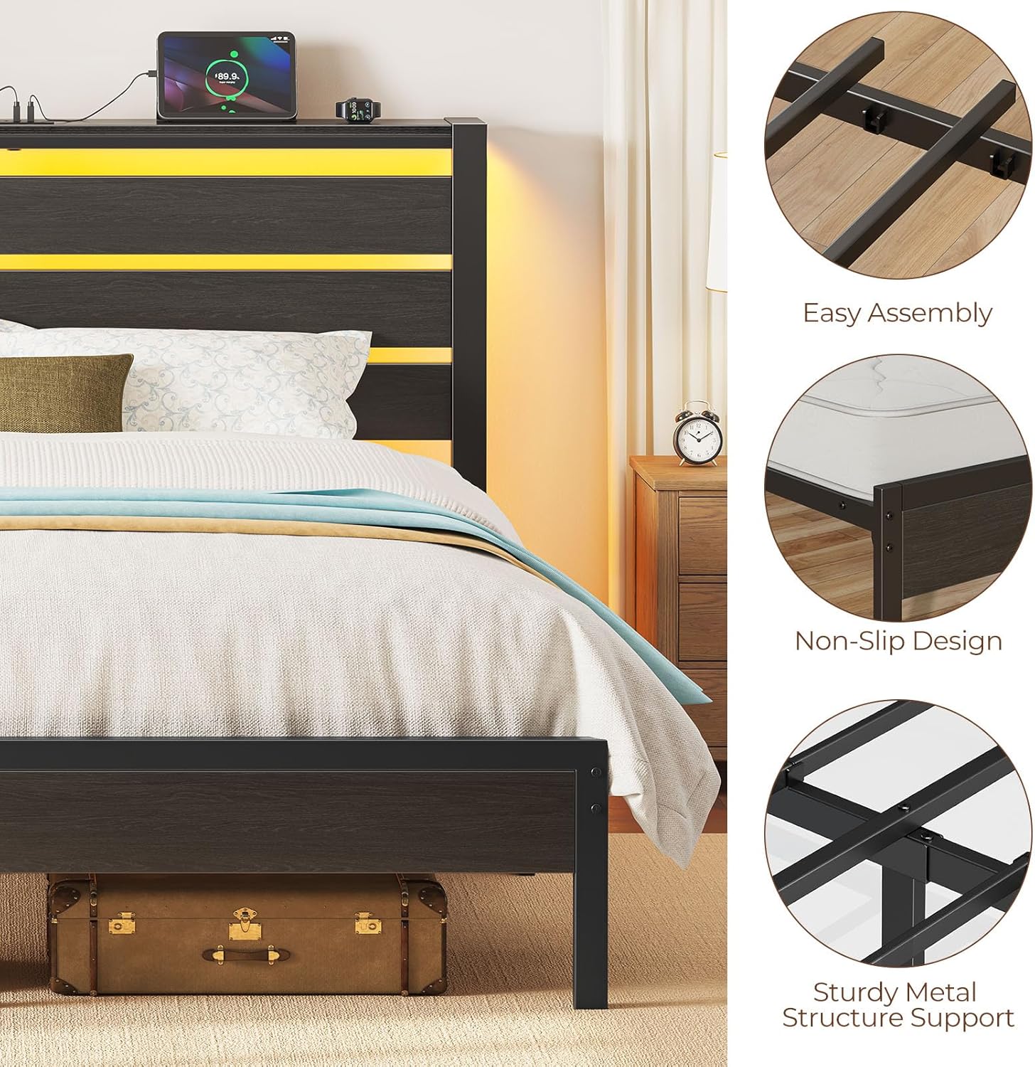 Rolanstar Bed Frame Twin Size with USB Charging Station, LED Bed Frame with Wood Storage Headboard, Black Metal Platform Bed with Under Bed Storage, No Box Spring Needed, Noise Free