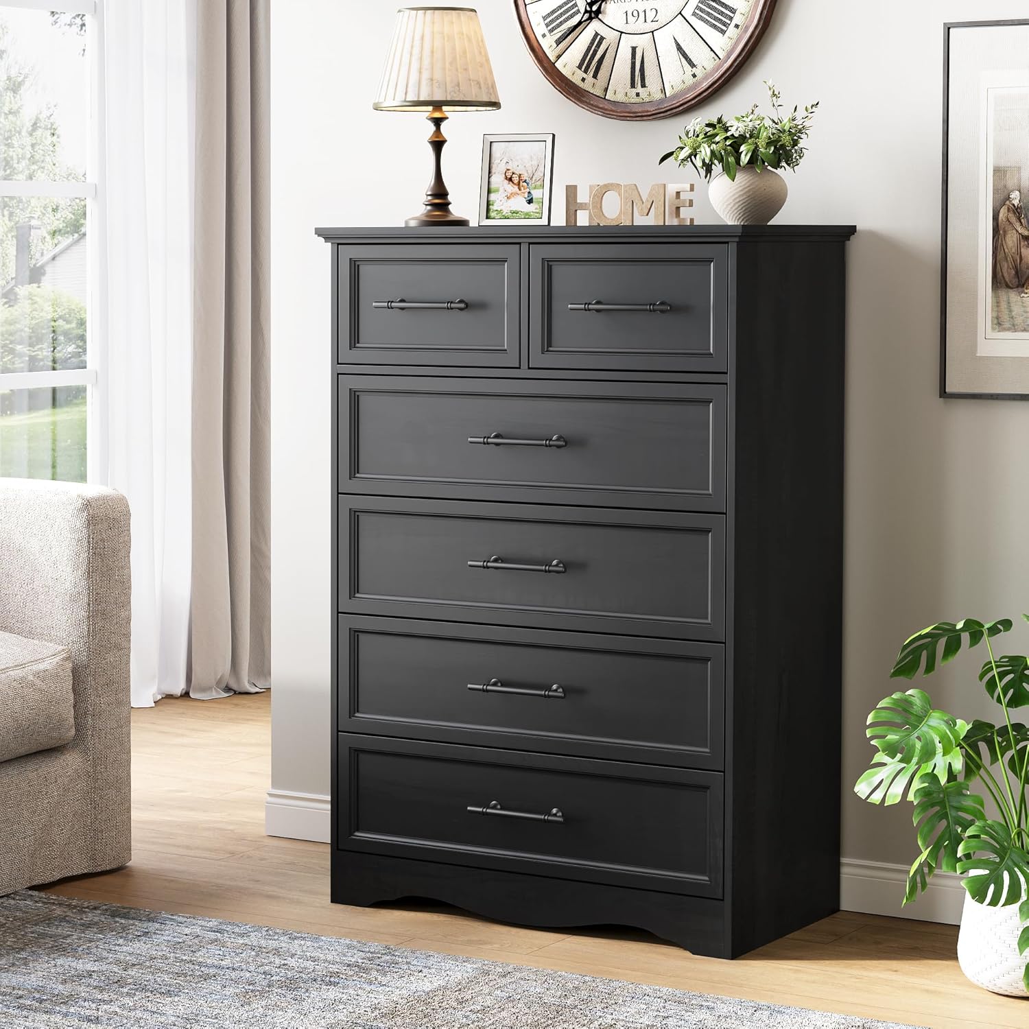 Black Dresser for Bedroom, Modern 6 Chest of Drawers, 44" Tall Chest of Drawers w/Brushed Metal Handle, Wood Closet Organizers and Storage Cabinet for Bedroom, Living Room, Hallway