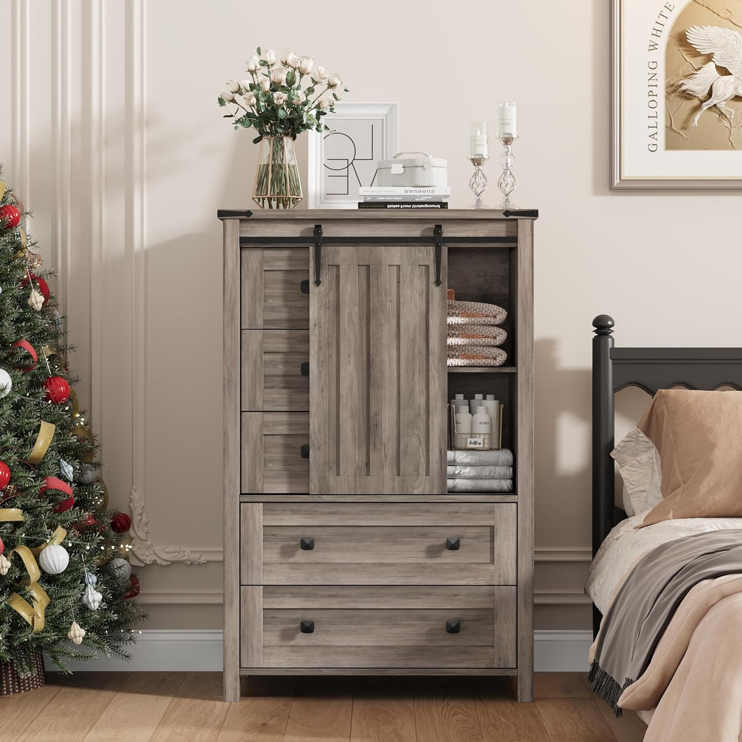 GarveeHome Farmhouse 5 Drawer Dresser for Bedroom, 48 in Tall Wood Dresser Chest of Drawer with Sliding Barn Door, Adjustable Shelf, Storage Organizer for Bedroom, Hallway, Living Room, Kitchen, Grey