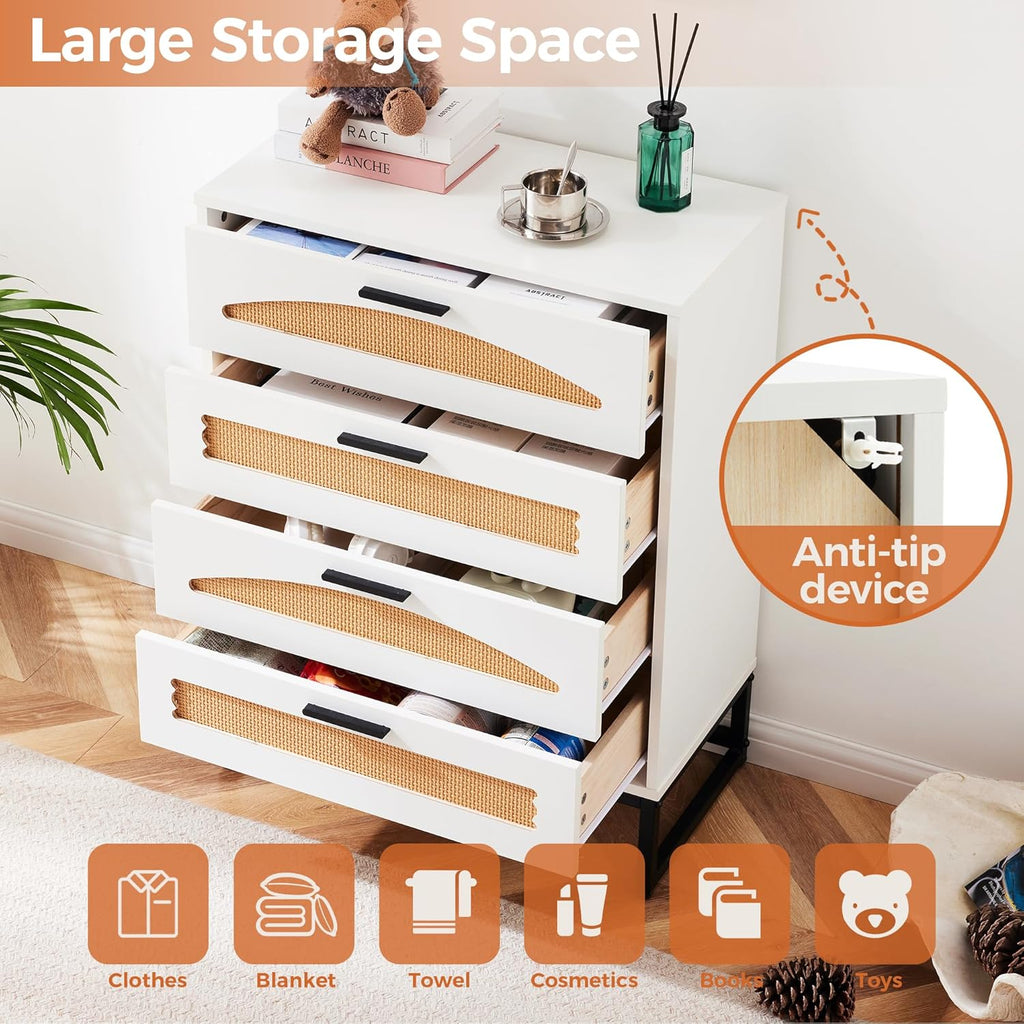 Mericonia 4 Drawer Rattan Dresser for Bedroom, Wood Tall Dresser for Closet with Metal Handles, Boho Nightstand Sets, Dressers & Chests of Drawers for Bedroom, Hallway and Entryway, White