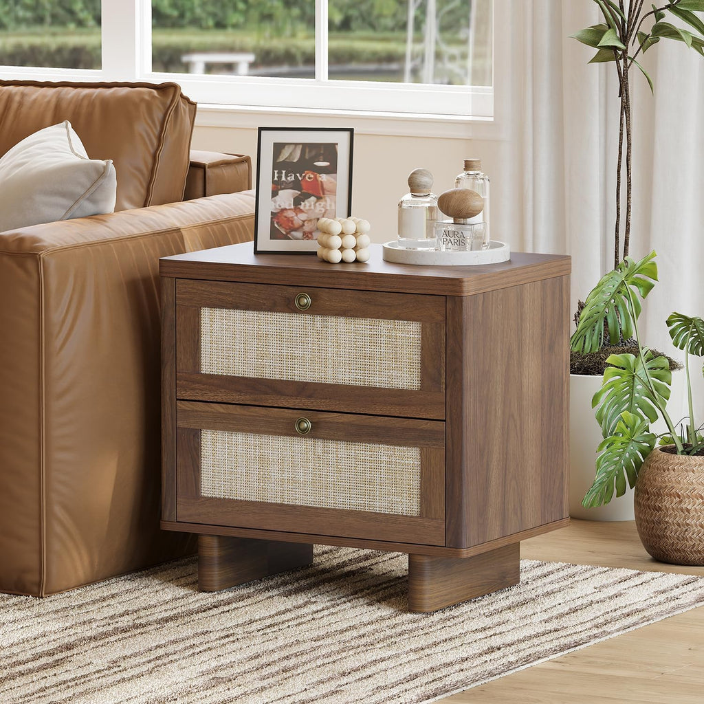 LAZZO Nightstands Set of 2 Large Night Stands 23.6" Wide Bedside Table Set of 2 with 2 Rattan Drawers and Bronze Ring Handles for Bedroom Walnut
