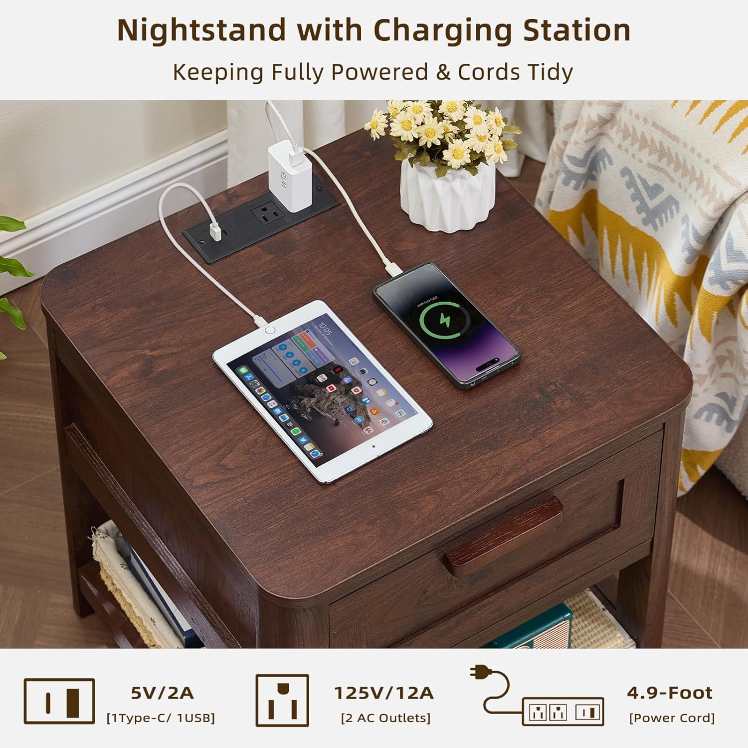 Farmhouse End Table with Charging Station,19.7" Nightstand with Drawer,Walnut Night Stand with Open Storage Shelf,Rustic Wood Bed Sofa Side Table Dresser for Bedroom, Living Room, Closet