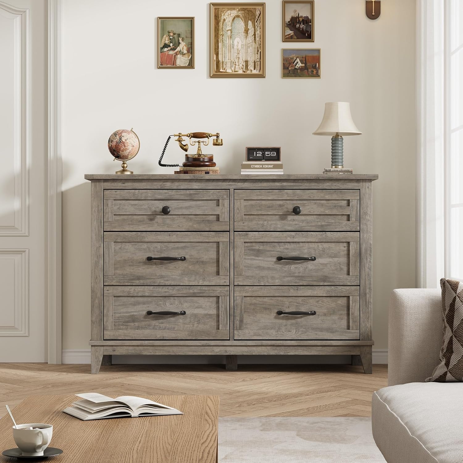 GarveeHome 6 Dresser for Bedroom, 47 in Wide Drawer Dresser with Storage Freestanding, Wooden Closet Storage Chest for Living Room, Bedroom, Entryway, Ash Grey