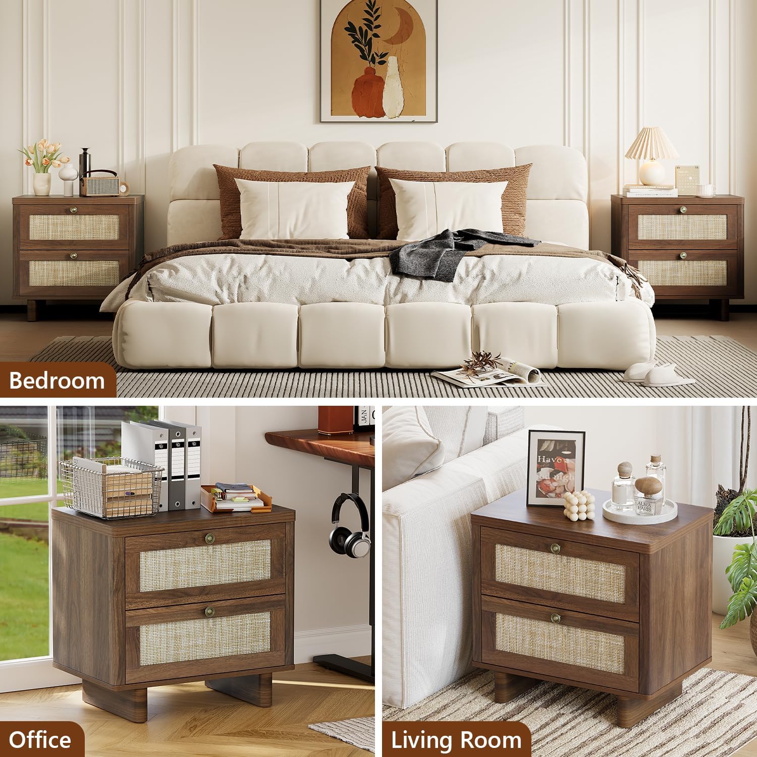 LAZZO Nightstands Set of 2 Large Night Stands 23.6" Wide Bedside Table Set of 2 with 2 Rattan Drawers and Bronze Ring Handles for Bedroom Walnut