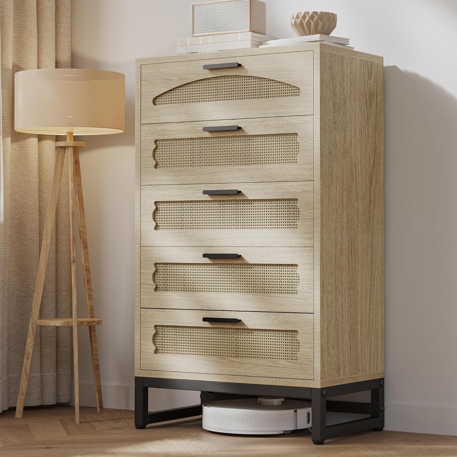 Mericonia 4 Drawer Rattan Dresser for Bedroom, Wood Tall Dresser for Closet with Metal Handles, Boho Nightstand Sets, Dressers & Chests of Drawers for Bedroom, Hallway and Entryway, White