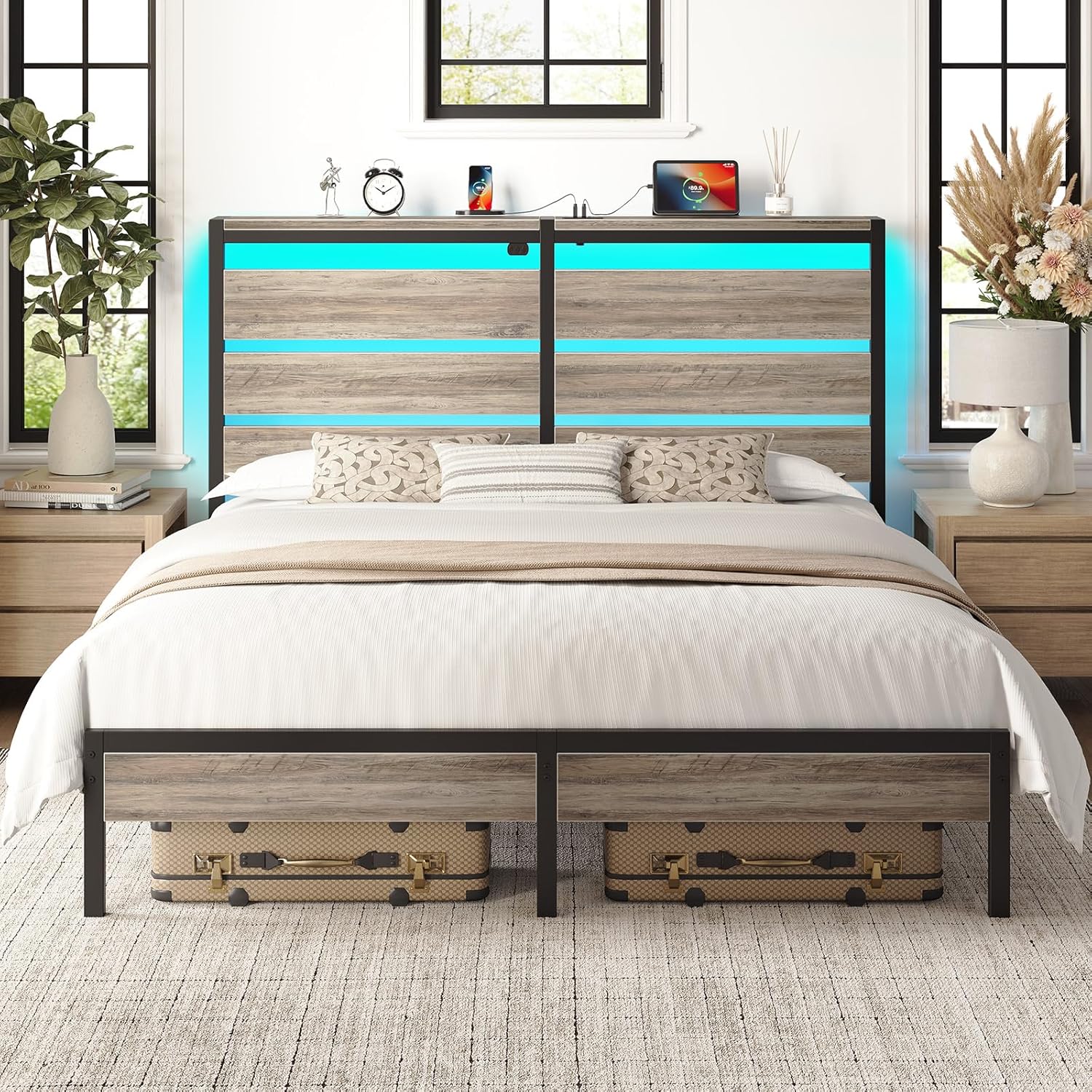 Rolanstar Bed Frame Twin Size with USB Charging Station, LED Bed Frame with Wood Storage Headboard, Black Metal Platform Bed with Under Bed Storage, No Box Spring Needed, Noise Free