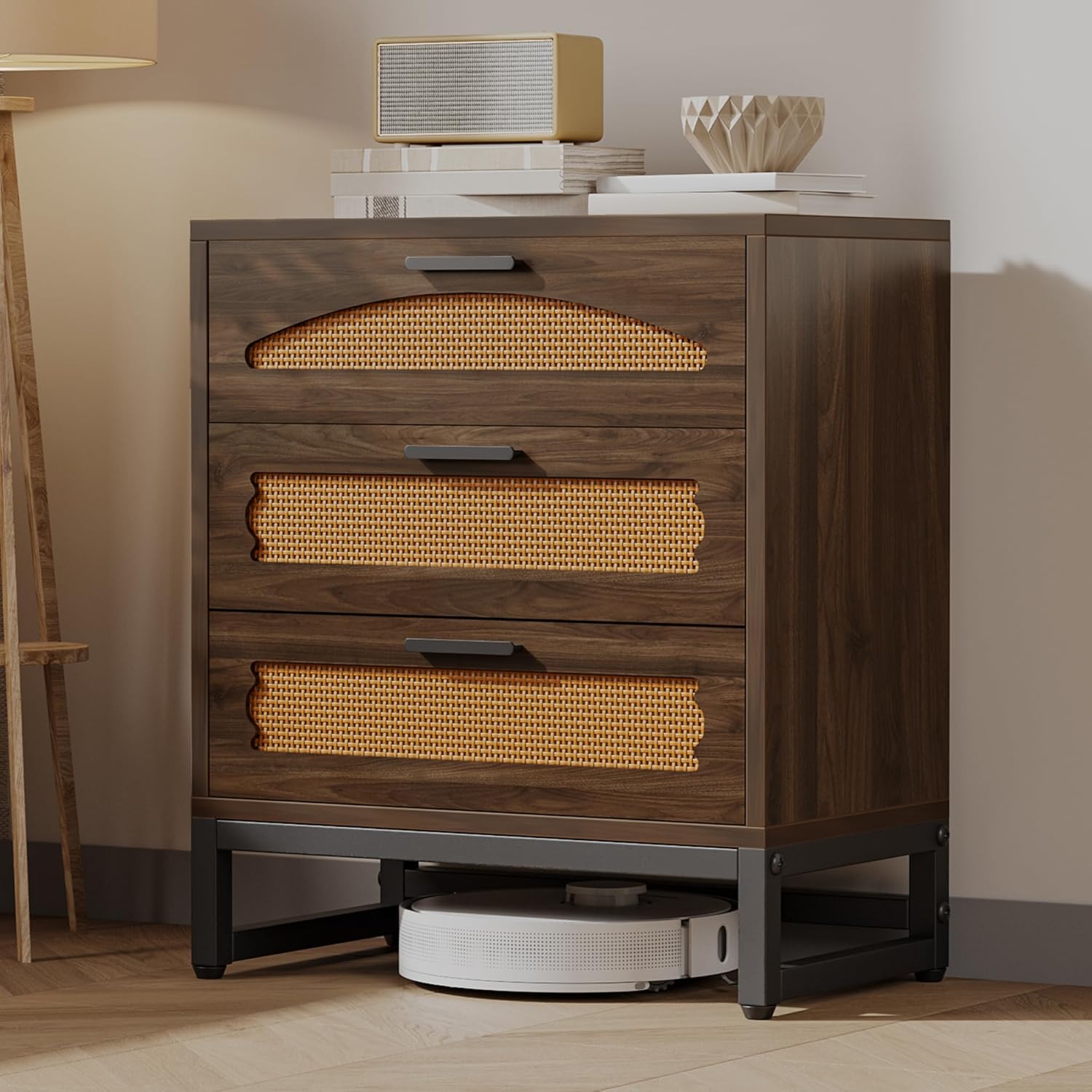 Mericonia 4 Drawer Rattan Dresser for Bedroom, Wood Tall Dresser for Closet with Metal Handles, Boho Nightstand Sets, Dressers & Chests of Drawers for Bedroom, Hallway and Entryway, White