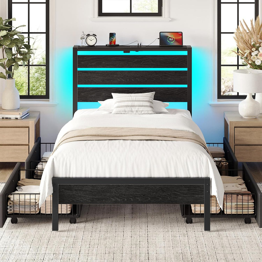 Rolanstar Bed Frame Twin Size with USB Charging Station, LED Bed Frame with Wood Storage Headboard, Black Metal Platform Bed with Under Bed Storage, No Box Spring Needed, Noise Free