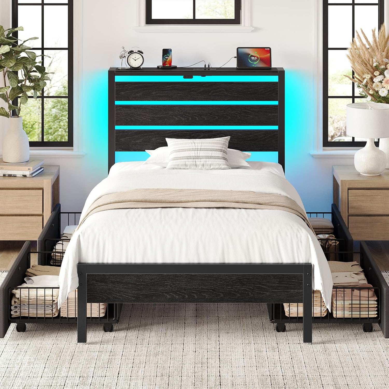 Rolanstar Bed Frame Twin Size with USB Charging Station, LED Bed Frame with Wood Storage Headboard, Black Metal Platform Bed with Under Bed Storage, No Box Spring Needed, Noise Free
