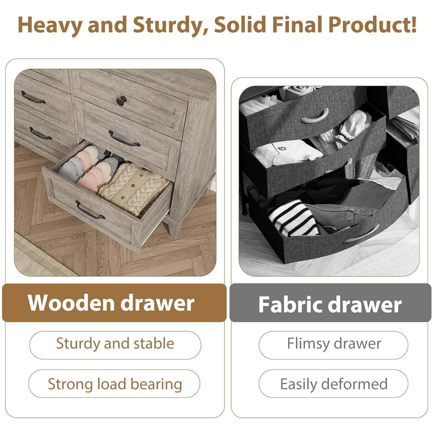 GarveeHome 6 Dresser for Bedroom, 47 in Wide Drawer Dresser with Storage Freestanding, Wooden Closet Storage Chest for Living Room, Bedroom, Entryway, Ash Grey