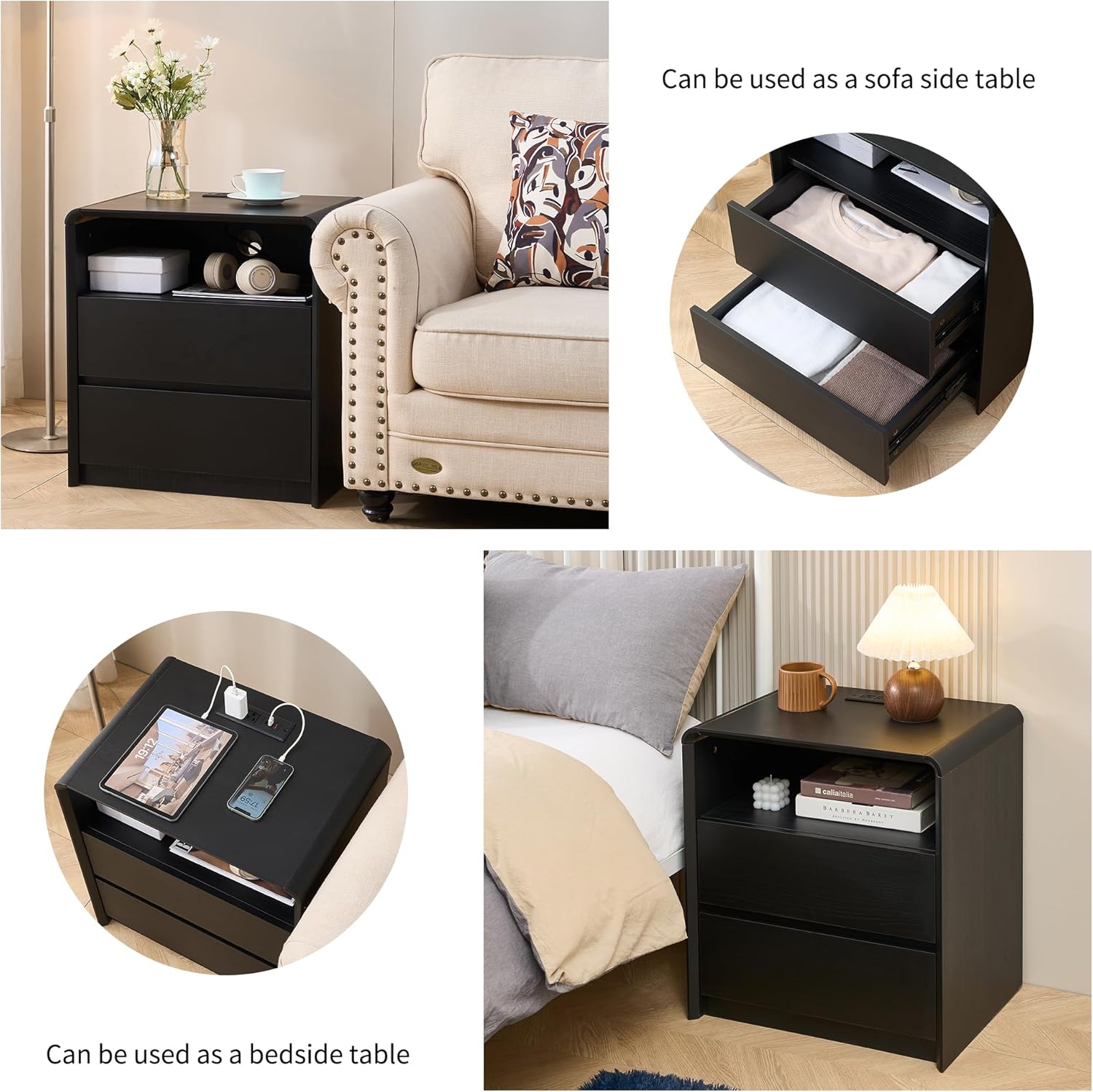 Modern Nightstand for Bedroom,Black Nightstand,2 Storage Drawers Side Table,21.6" Wide Wood Bedside Table with Charging Station,Curved Profile Design,Side Tables Bedroom.
