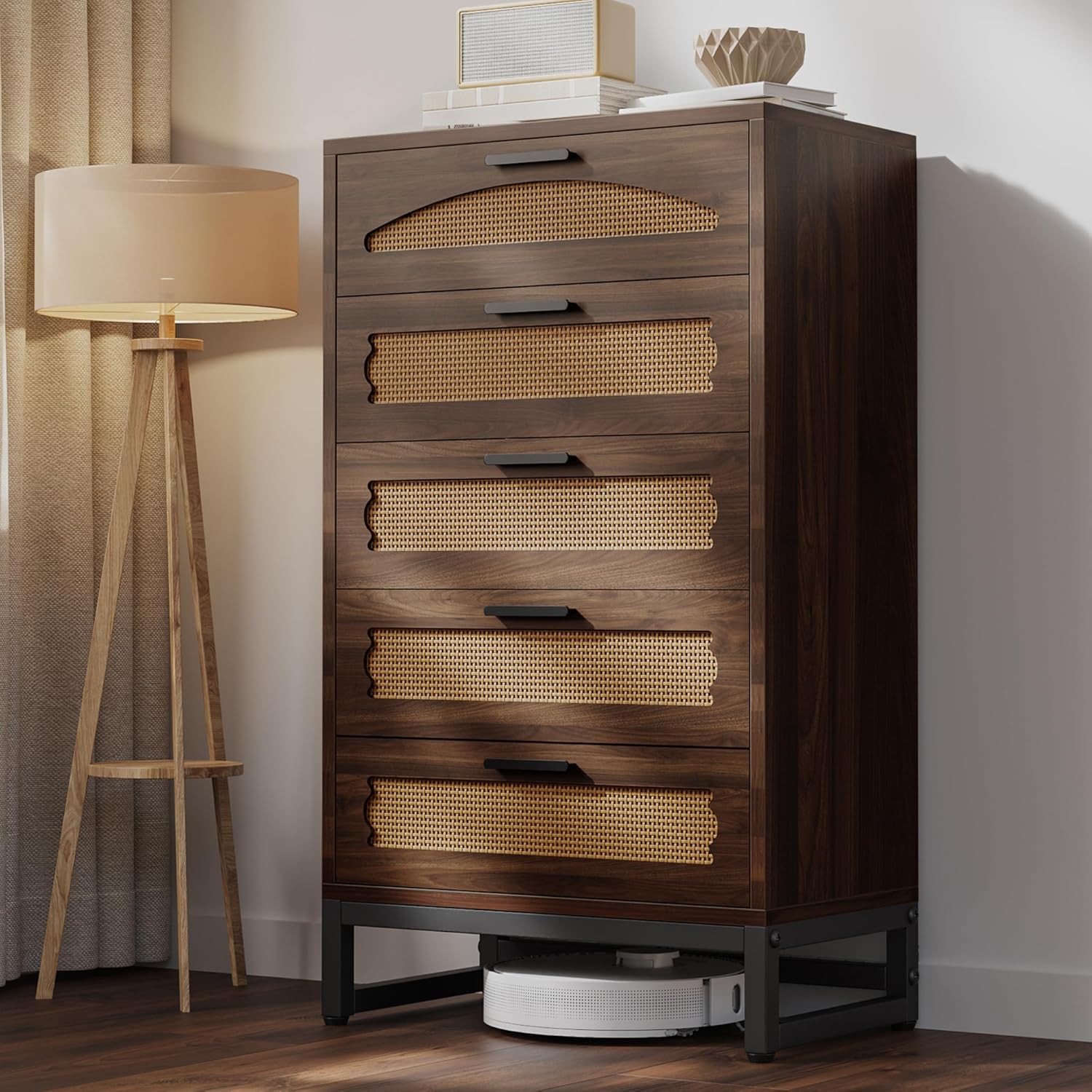 Mericonia 4 Drawer Rattan Dresser for Bedroom, Wood Tall Dresser for Closet with Metal Handles, Boho Nightstand Sets, Dressers & Chests of Drawers for Bedroom, Hallway and Entryway, White