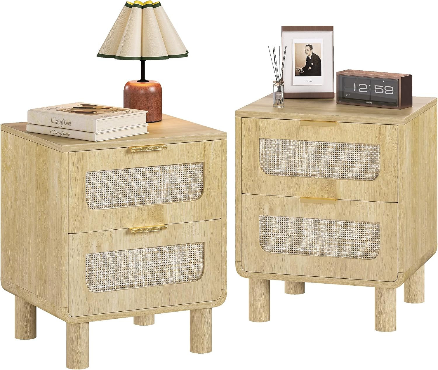 LAZZO Nightstands Set of 2 Large Night Stands 23.6" Wide Bedside Table Set of 2 with 2 Rattan Drawers and Bronze Ring Handles for Bedroom Walnut