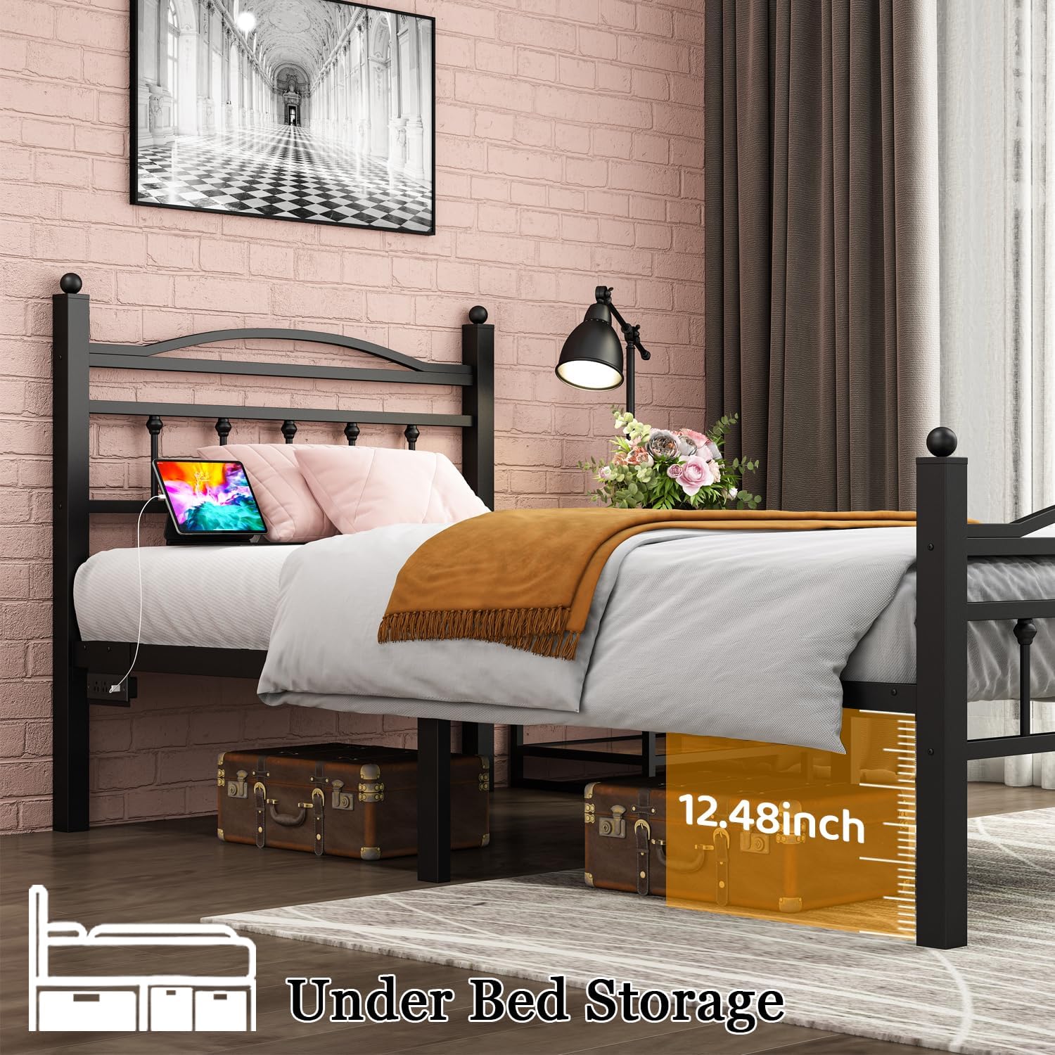 Twin Bed Frames with Headboard, LED Bed Frame with Charging Station, Metal Platform, Under-Bed Storage, No Box Spring Needed, Noise Free, Easy Assembly, Black