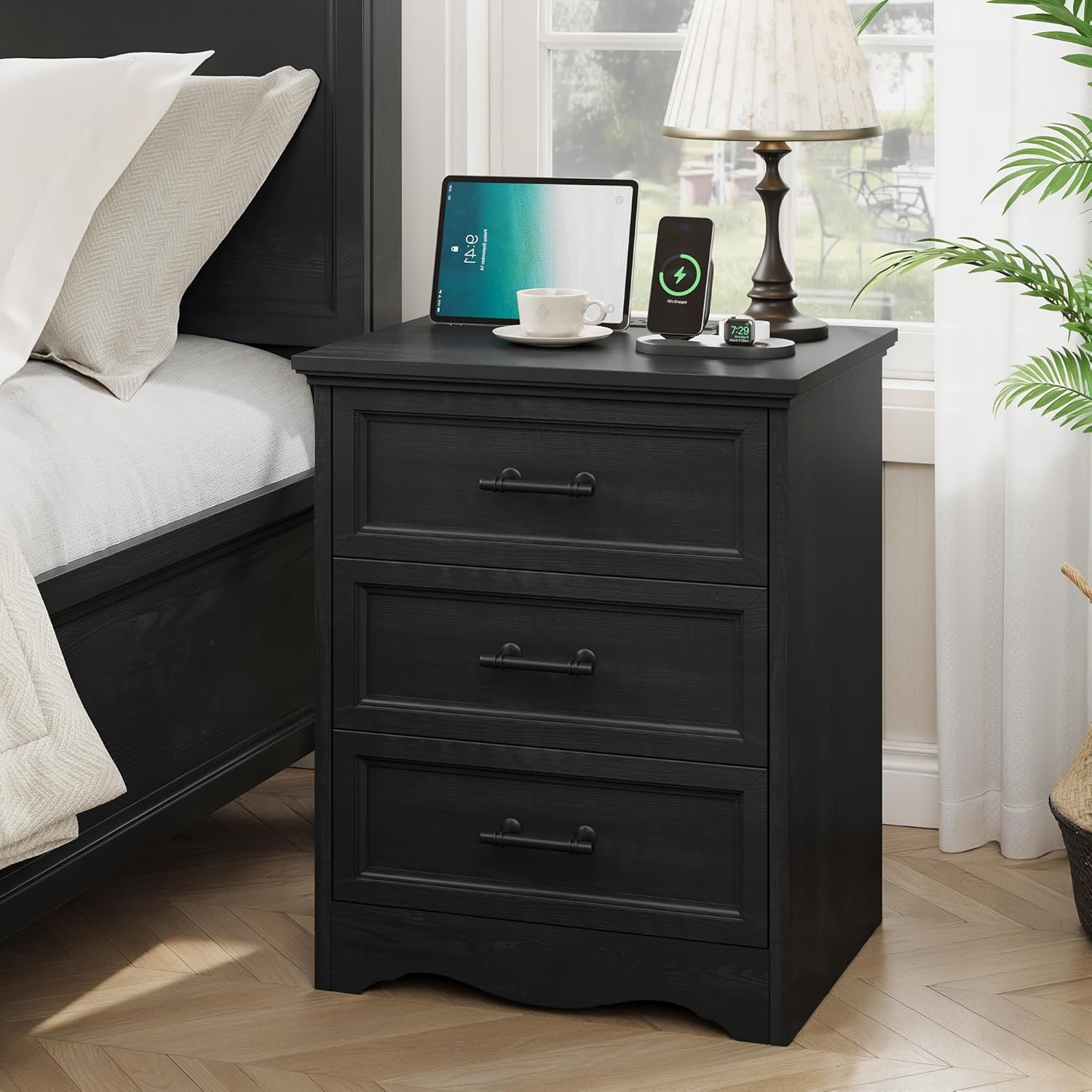 Black Dresser for Bedroom, Modern 6 Chest of Drawers, 44" Tall Chest of Drawers w/Brushed Metal Handle, Wood Closet Organizers and Storage Cabinet for Bedroom, Living Room, Hallway