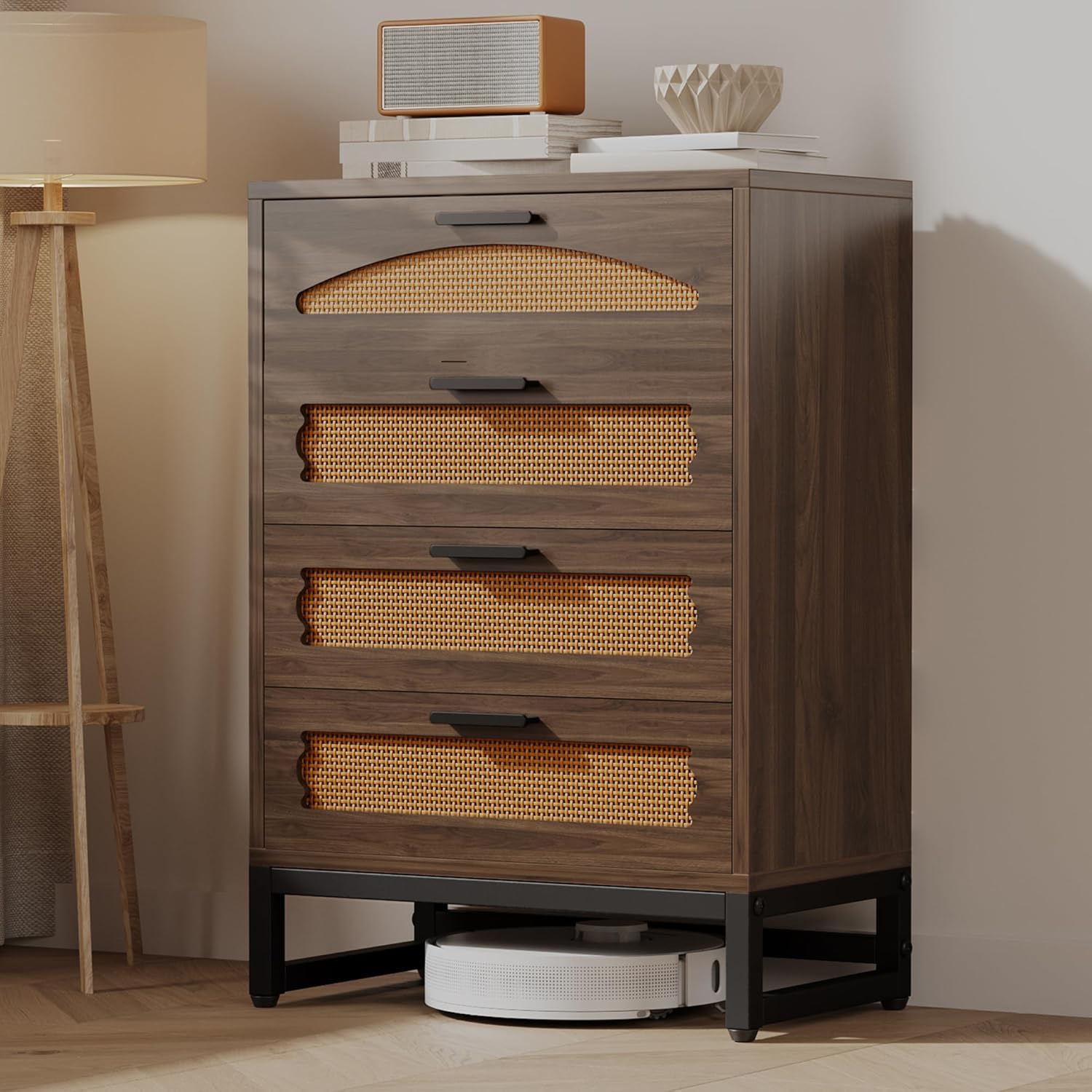 Mericonia 4 Drawer Rattan Dresser for Bedroom, Wood Tall Dresser for Closet with Metal Handles, Boho Nightstand Sets, Dressers & Chests of Drawers for Bedroom, Hallway and Entryway, White