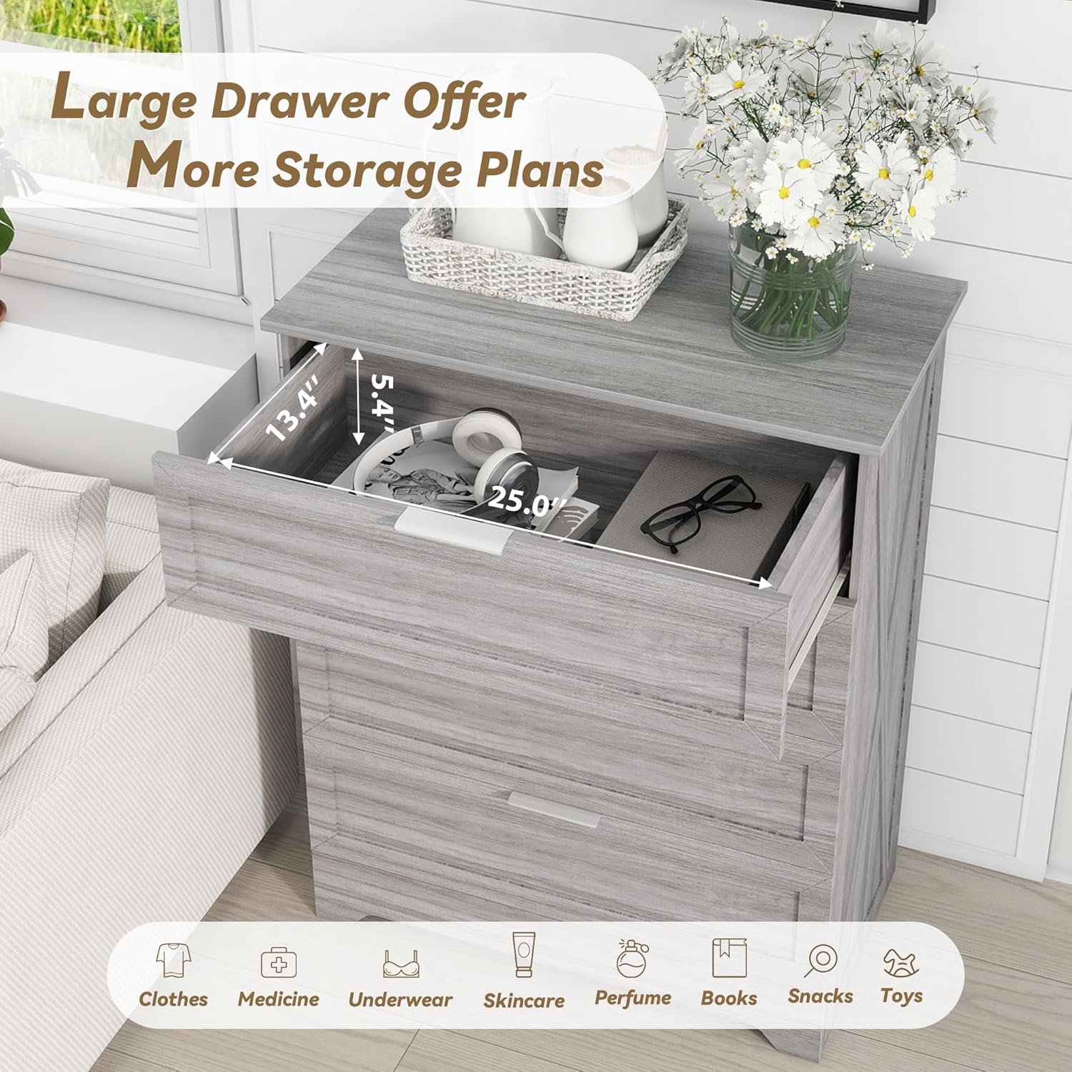Farmhouse 4 Drawer Dresser for Bedroom, Tall Bedroom Dresser with Large Drawer & Silver Handles, Wooden Storage Organizer Cabinet Chest of Drawer for Closet, Living Room, Hallway, Wash Grey