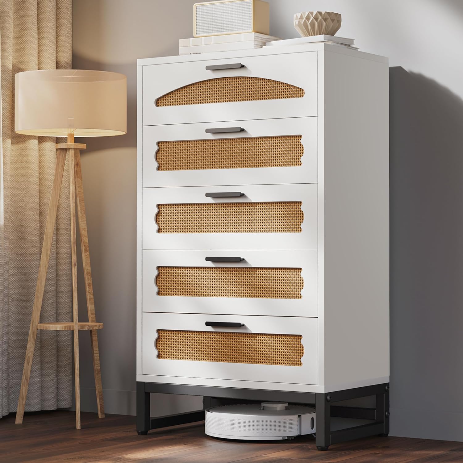 Mericonia 4 Drawer Rattan Dresser for Bedroom, Wood Tall Dresser for Closet with Metal Handles, Boho Nightstand Sets, Dressers & Chests of Drawers for Bedroom, Hallway and Entryway, White