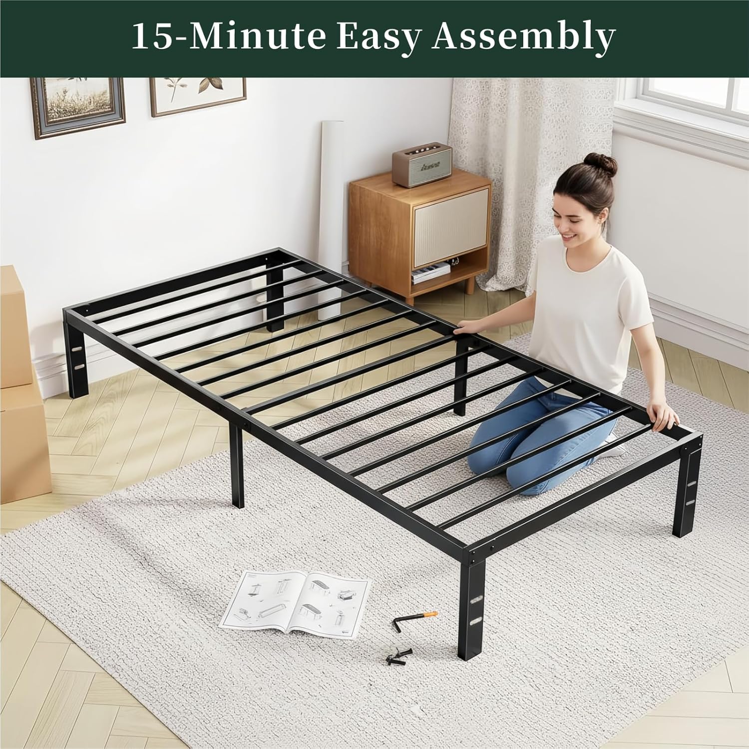 Twin Size Bed Frame, 14 Inch Metal Platform Bed Frames with Heavy Duty Steel Slat Support, No Box Spring Needed, Easy Assembly, Under Bed Storage