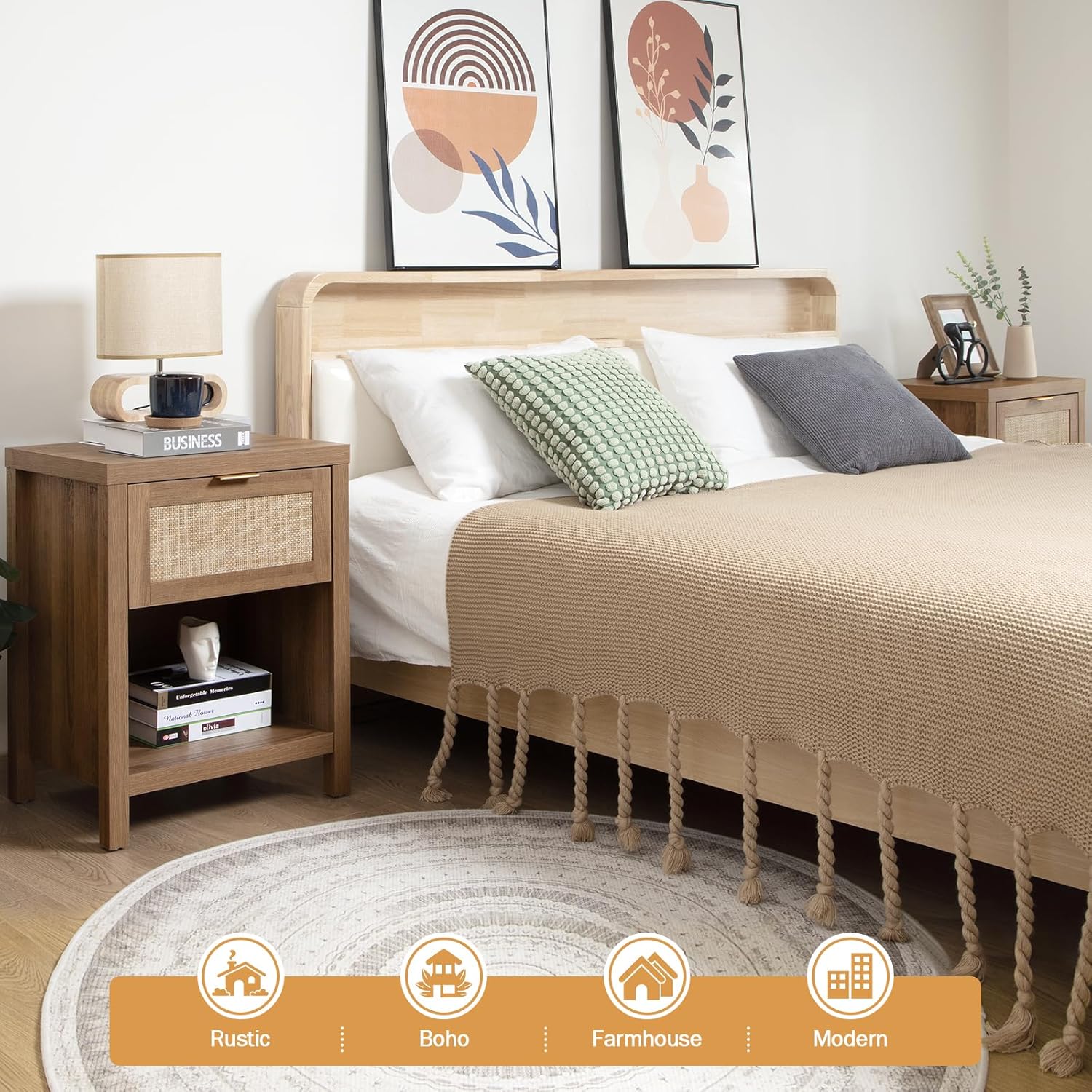 SICOTAS Rattan Nightstands Set of 2 - Farmhouse Night Stand with Drawer and Storage Shelf - Boho Bedside Table End Side Table for Bedroom, Oak