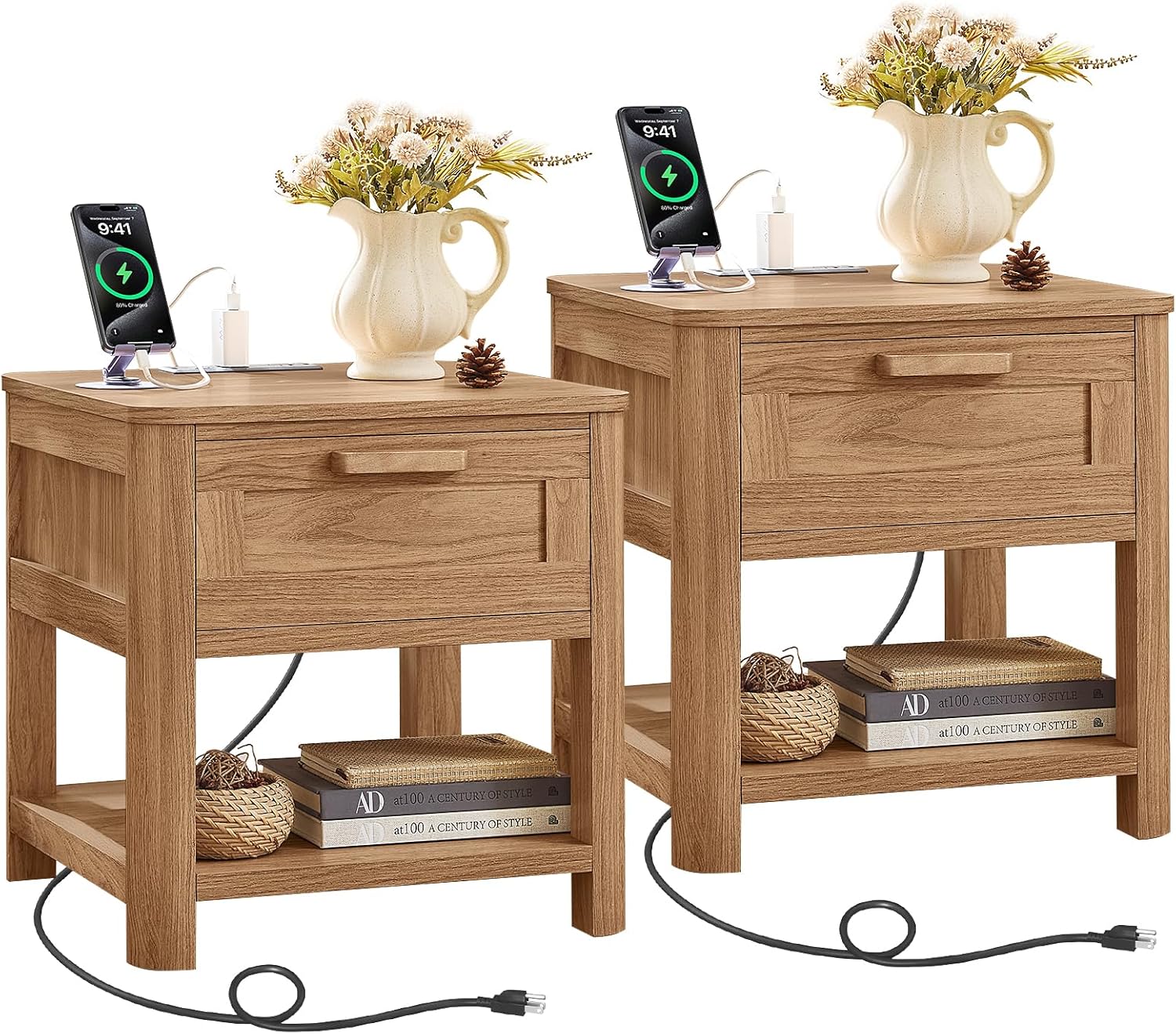 Farmhouse End Table with Charging Station,19.7" Nightstand with Drawer,Walnut Night Stand with Open Storage Shelf,Rustic Wood Bed Sofa Side Table Dresser for Bedroom, Living Room, Closet