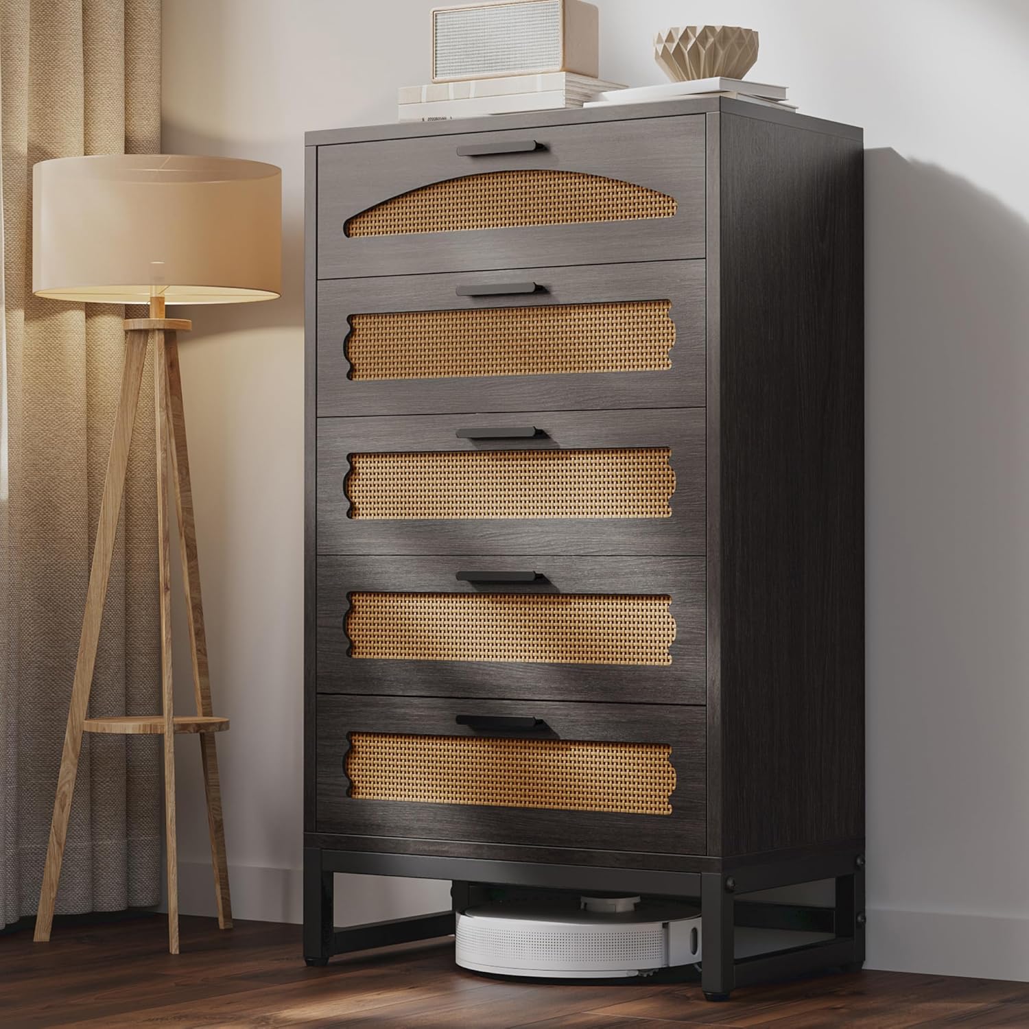 Mericonia 4 Drawer Rattan Dresser for Bedroom, Wood Tall Dresser for Closet with Metal Handles, Boho Nightstand Sets, Dressers & Chests of Drawers for Bedroom, Hallway and Entryway, White