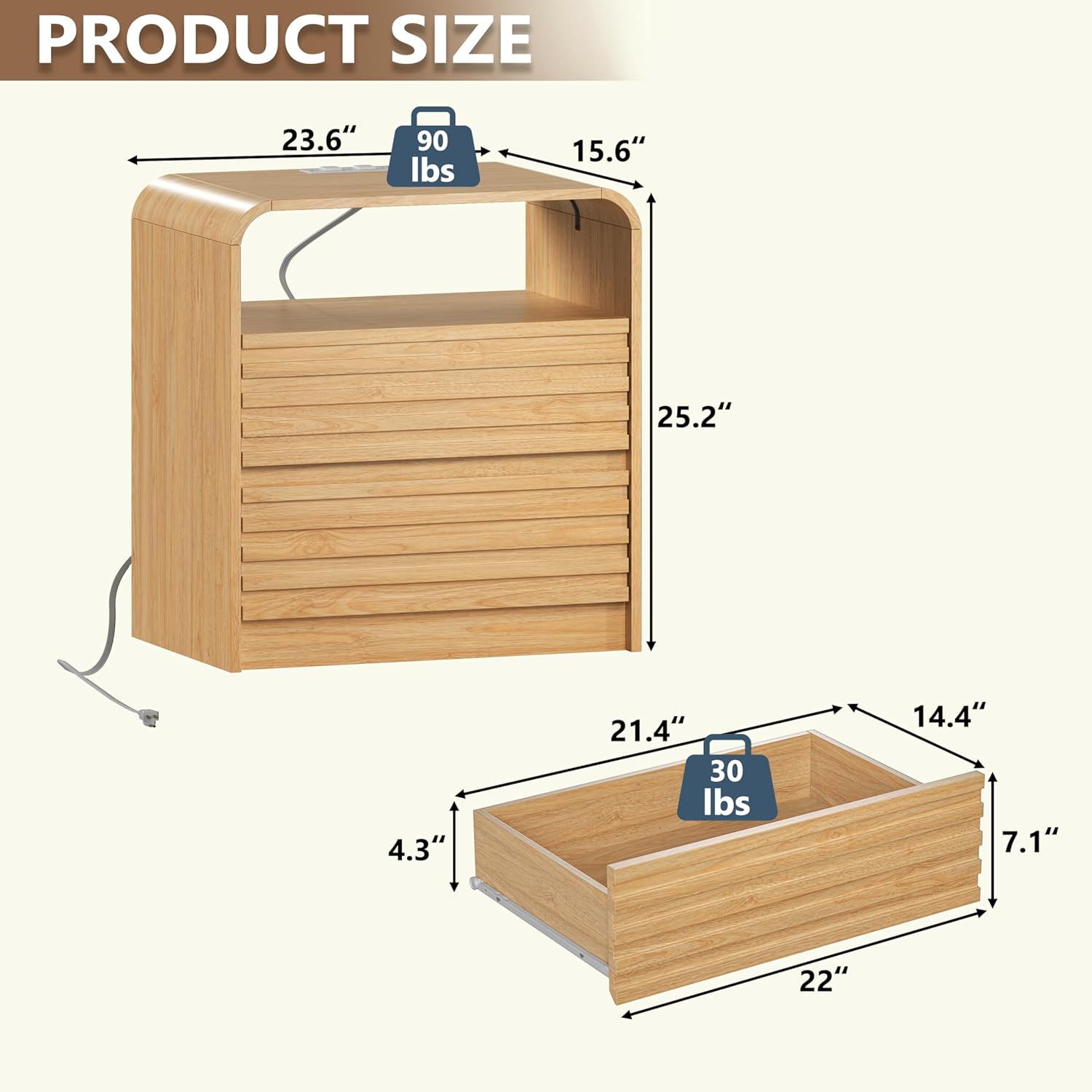 Modern Nightstand with Charging Station, 23.6" Wide Wood Night Stand with 2 Storage Drawers and Curved Edge, Farmhouse Fluted Bedside Table, Bed Side Table, Small End Table for Bedroom, Natural Oak